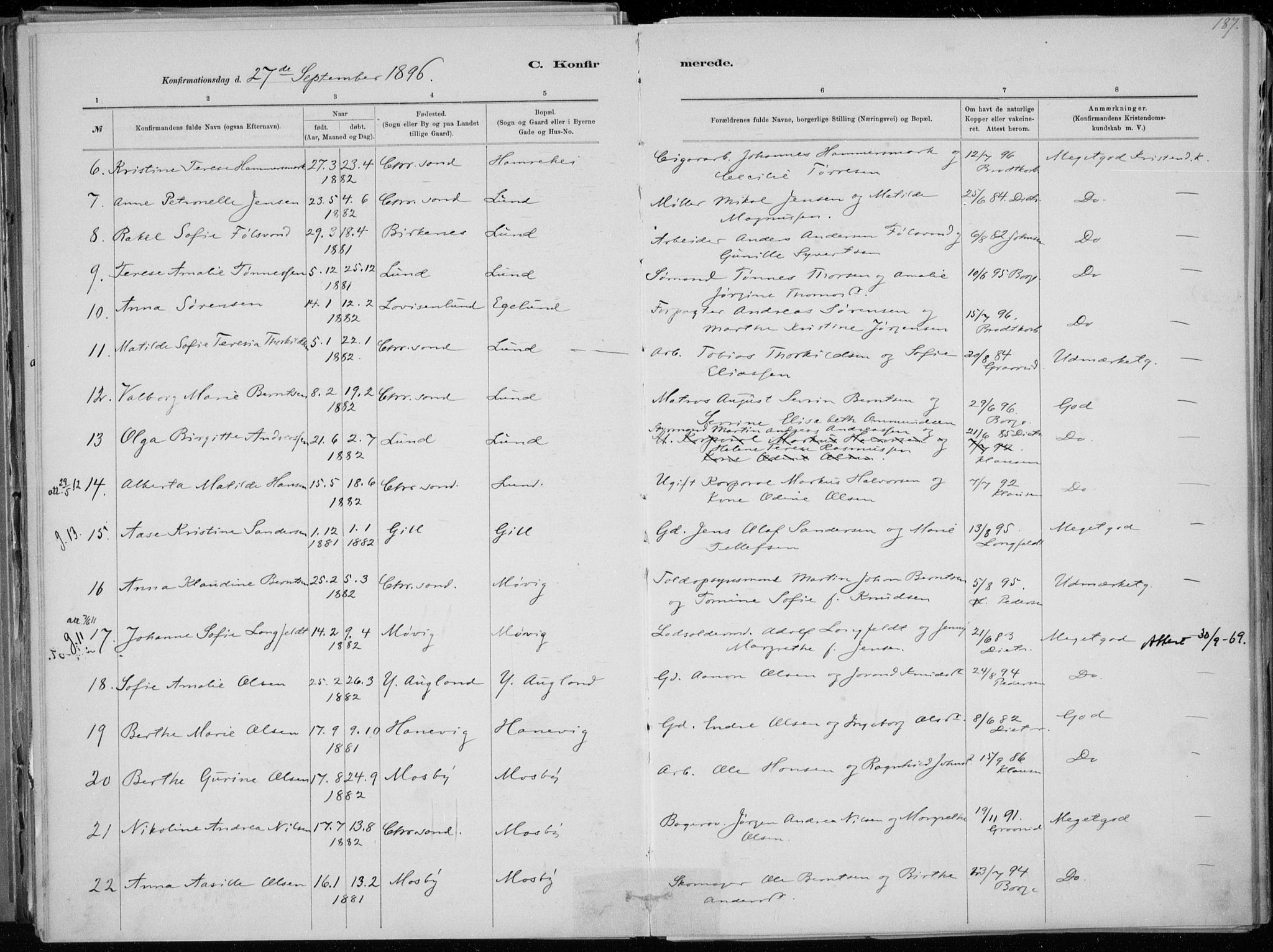 Oddernes sokneprestkontor, AV/SAK-1111-0033/F/Fa/Faa/L0009: Parish register (official) no. A 9, 1884-1896, p. 187