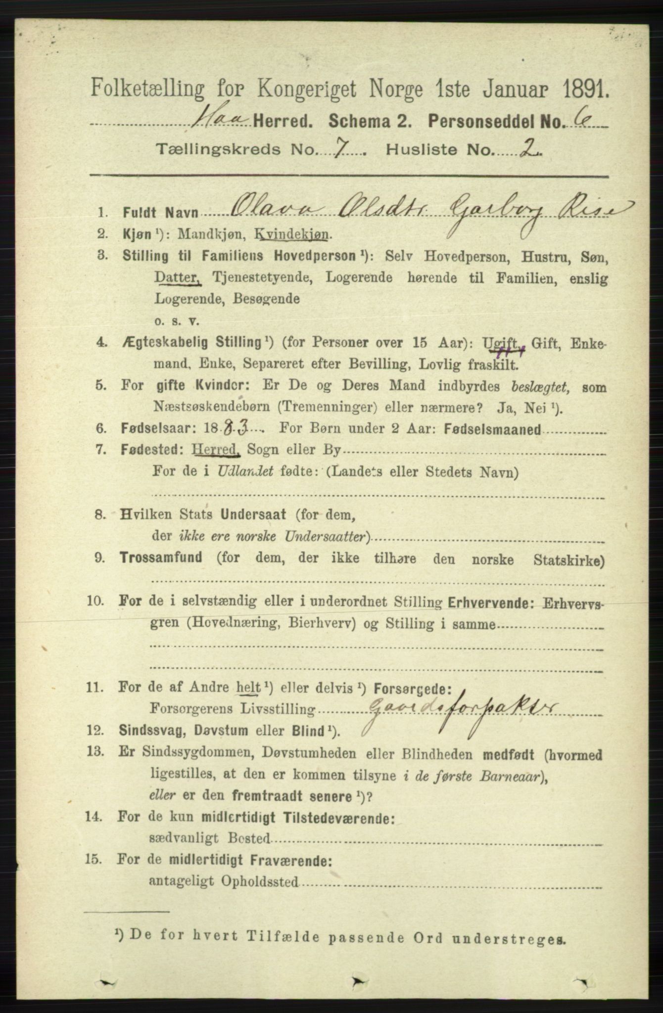 RA, 1891 census for 1119 Hå, 1891, p. 1926