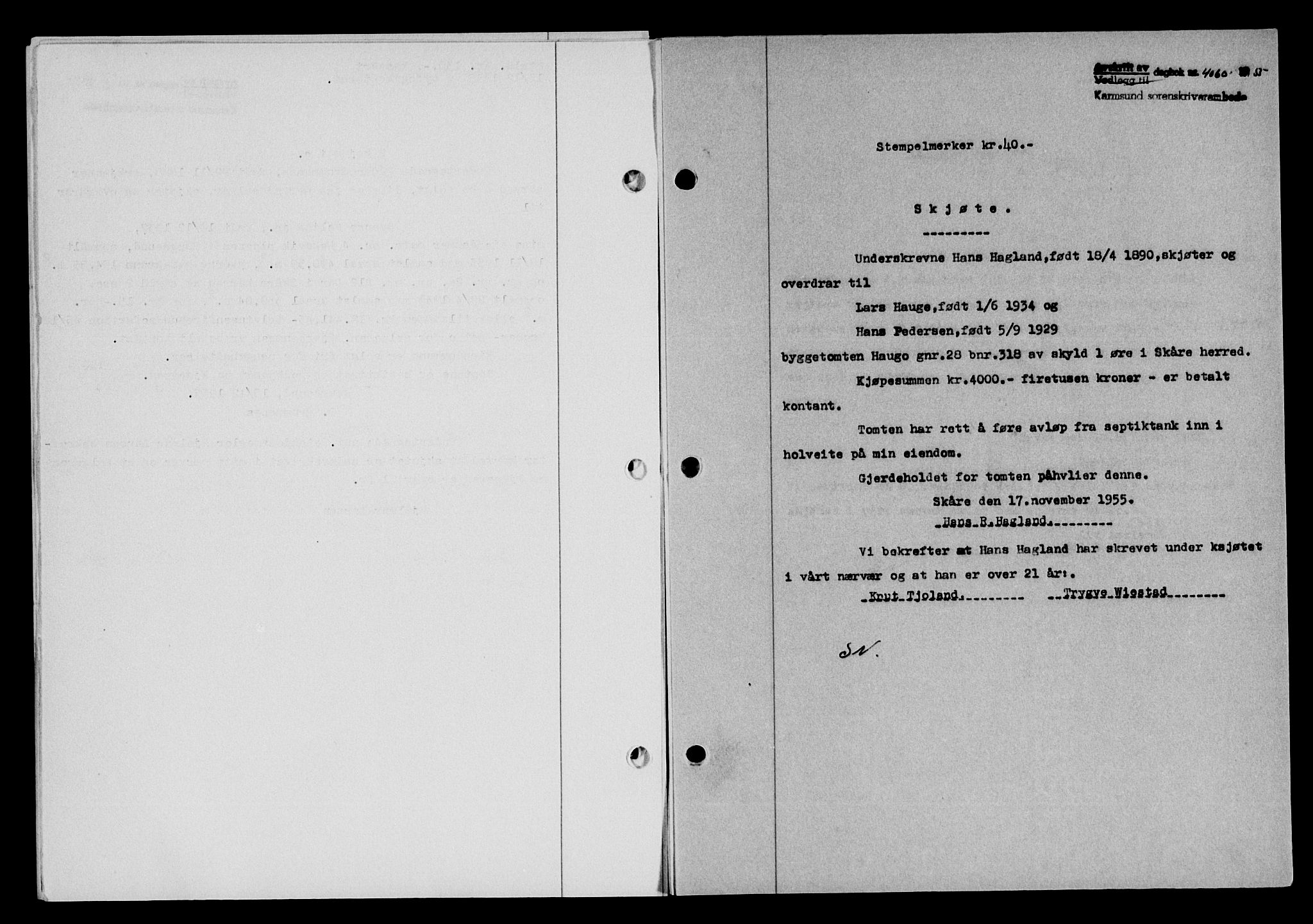 Karmsund sorenskriveri, SAST/A-100311/01/II/IIB/L0118: Mortgage book no. 98A, 1955-1956, Diary no: : 4060/1955