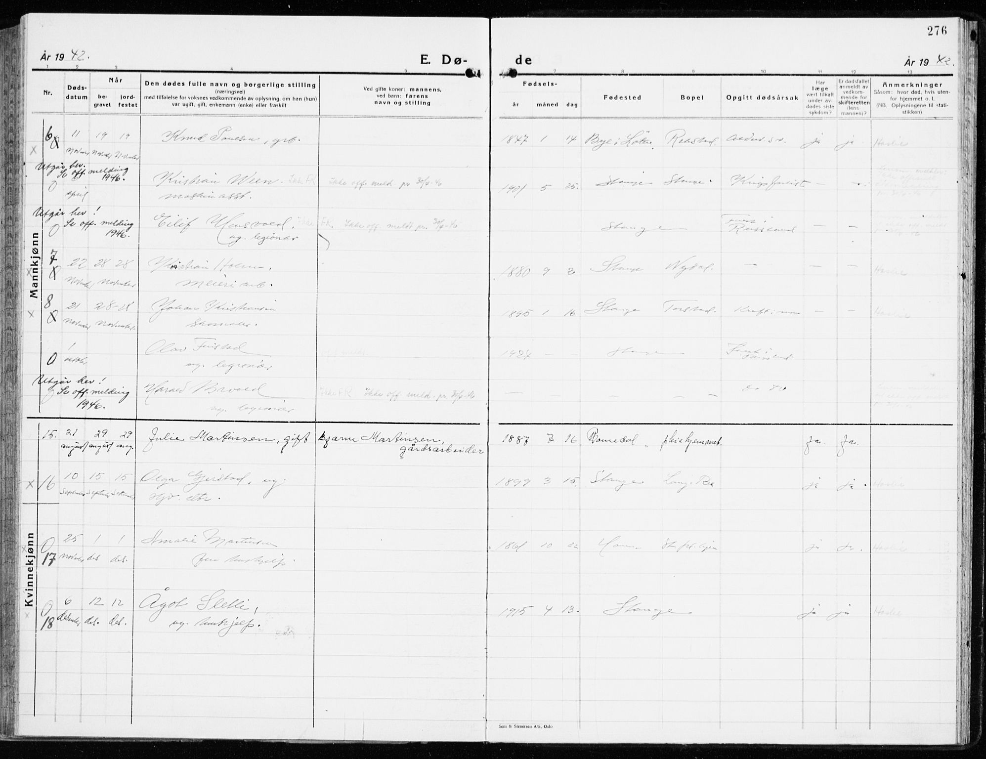 Stange prestekontor, AV/SAH-PREST-002/K/L0027: Parish register (official) no. 27, 1937-1947, p. 276