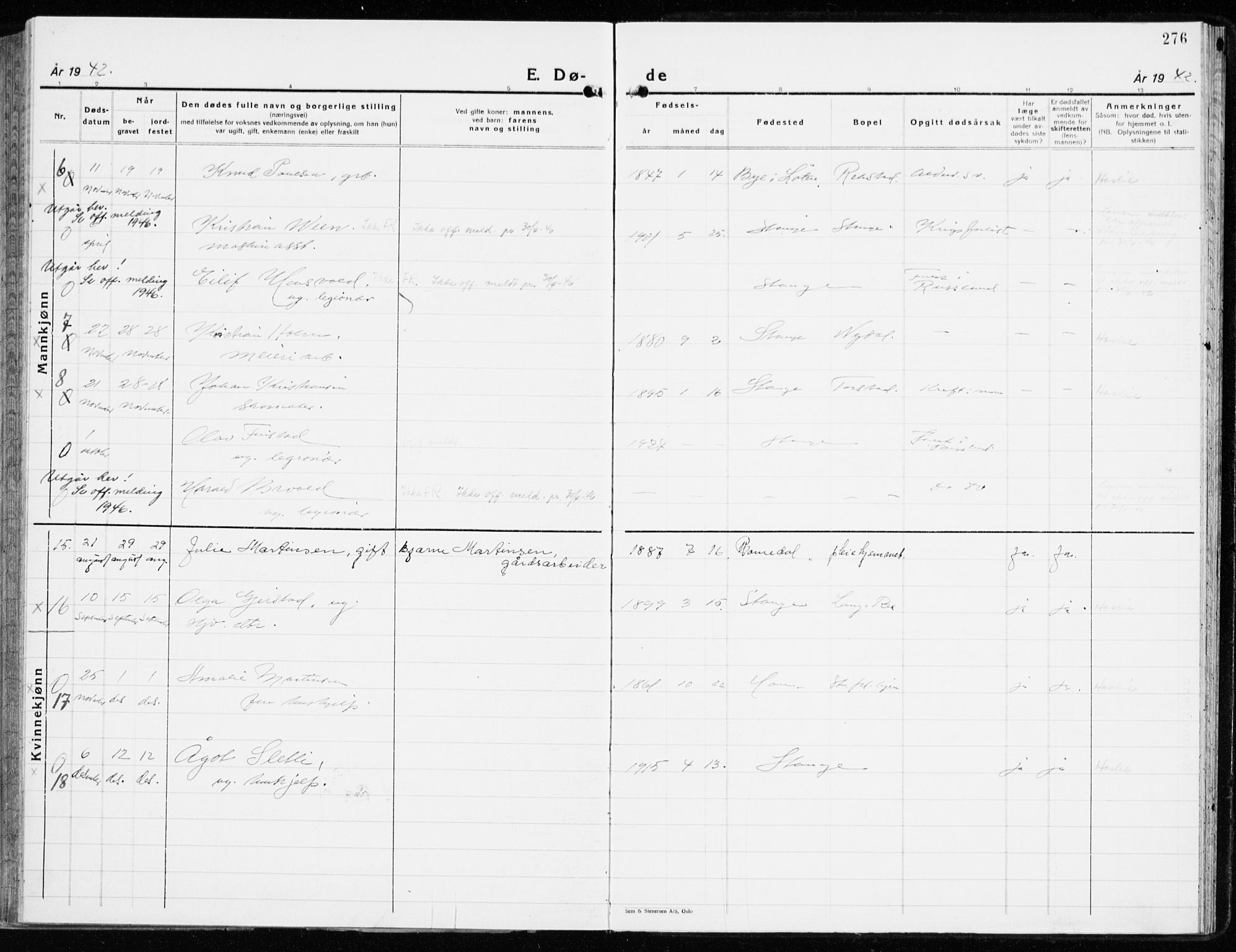 Stange prestekontor, AV/SAH-PREST-002/K/L0027: Parish register (official) no. 27, 1937-1947, p. 276