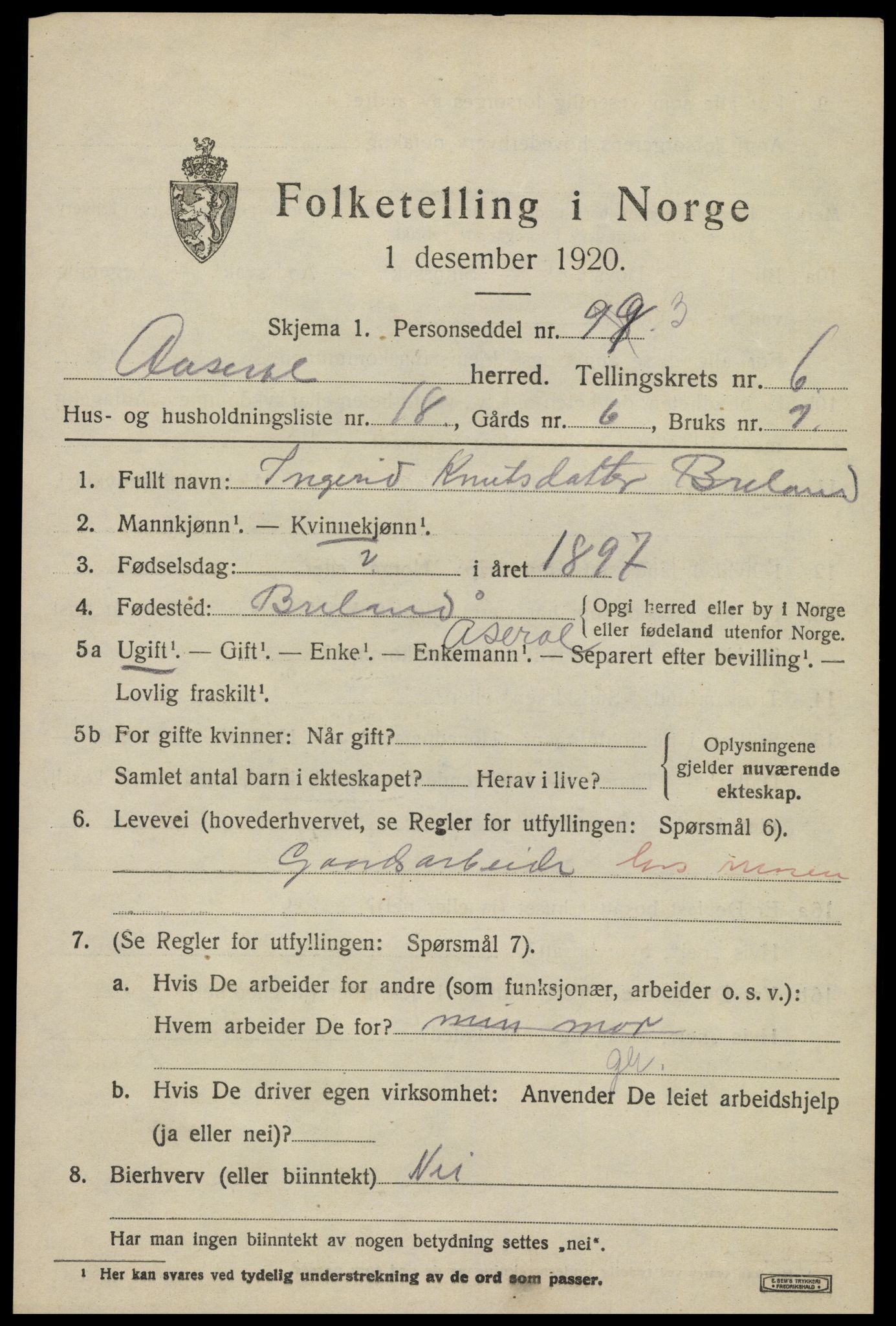 SAK, 1920 census for Åseral, 1920, p. 1994