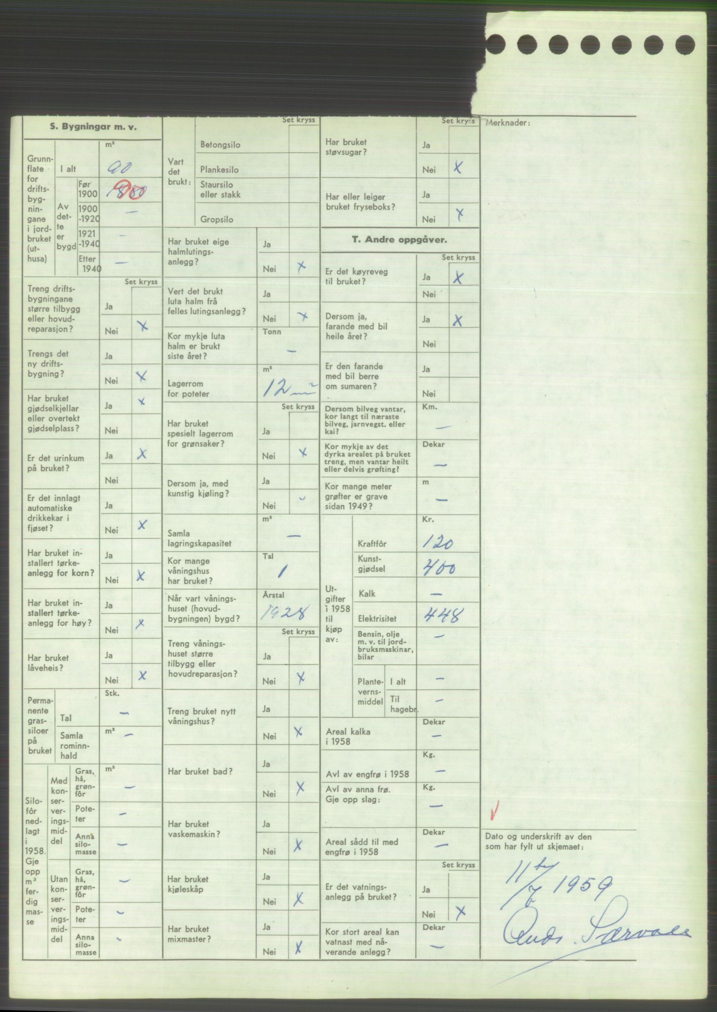 Statistisk sentralbyrå, Næringsøkonomiske emner, Jordbruk, skogbruk, jakt, fiske og fangst, AV/RA-S-2234/G/Gd/L0373: Rogaland: 1130 Strand (kl. 1-2), 1131 Årdal og 1132 Fister, 1959, p. 1152