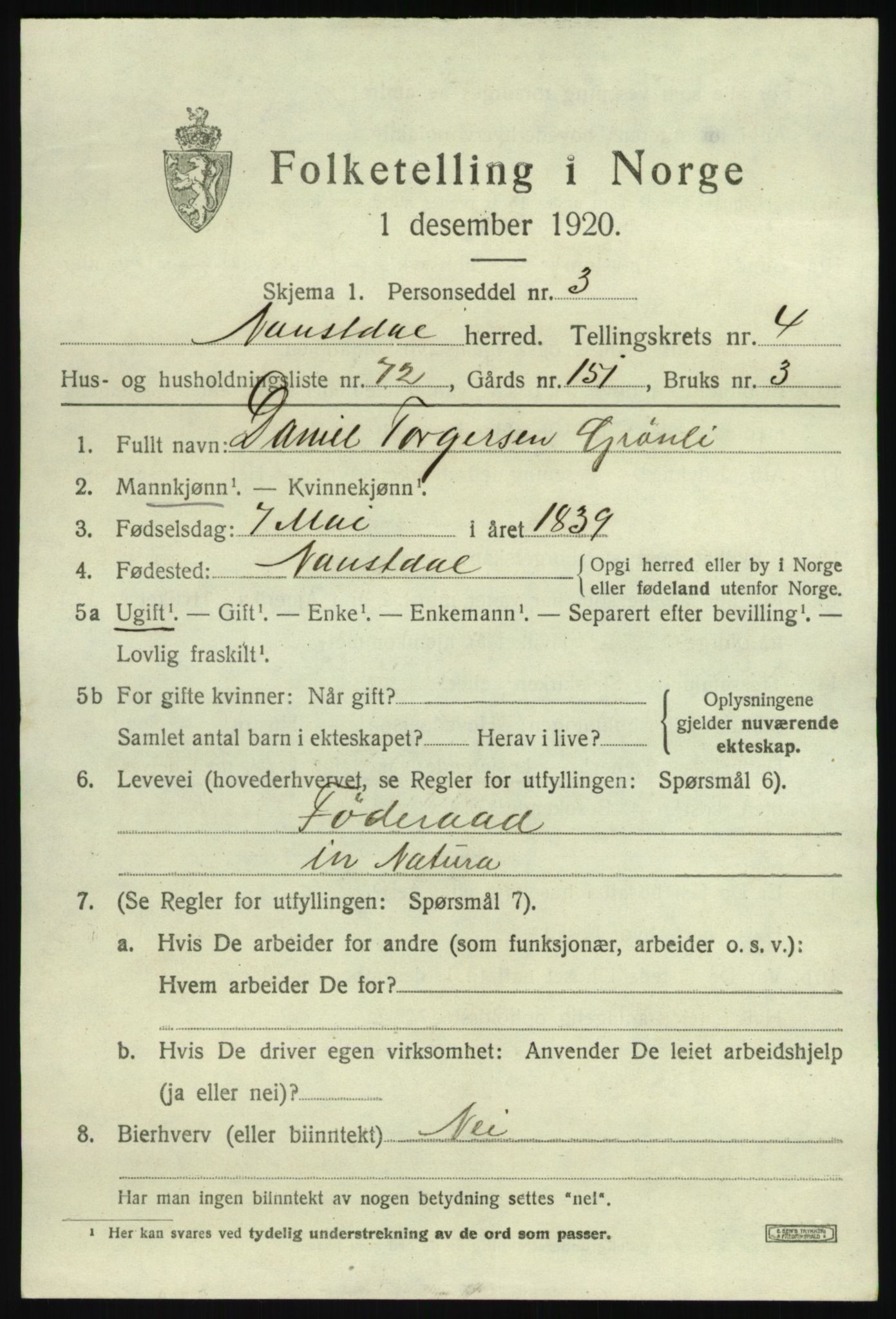 SAB, 1920 census for Naustdal, 1920, p. 3073