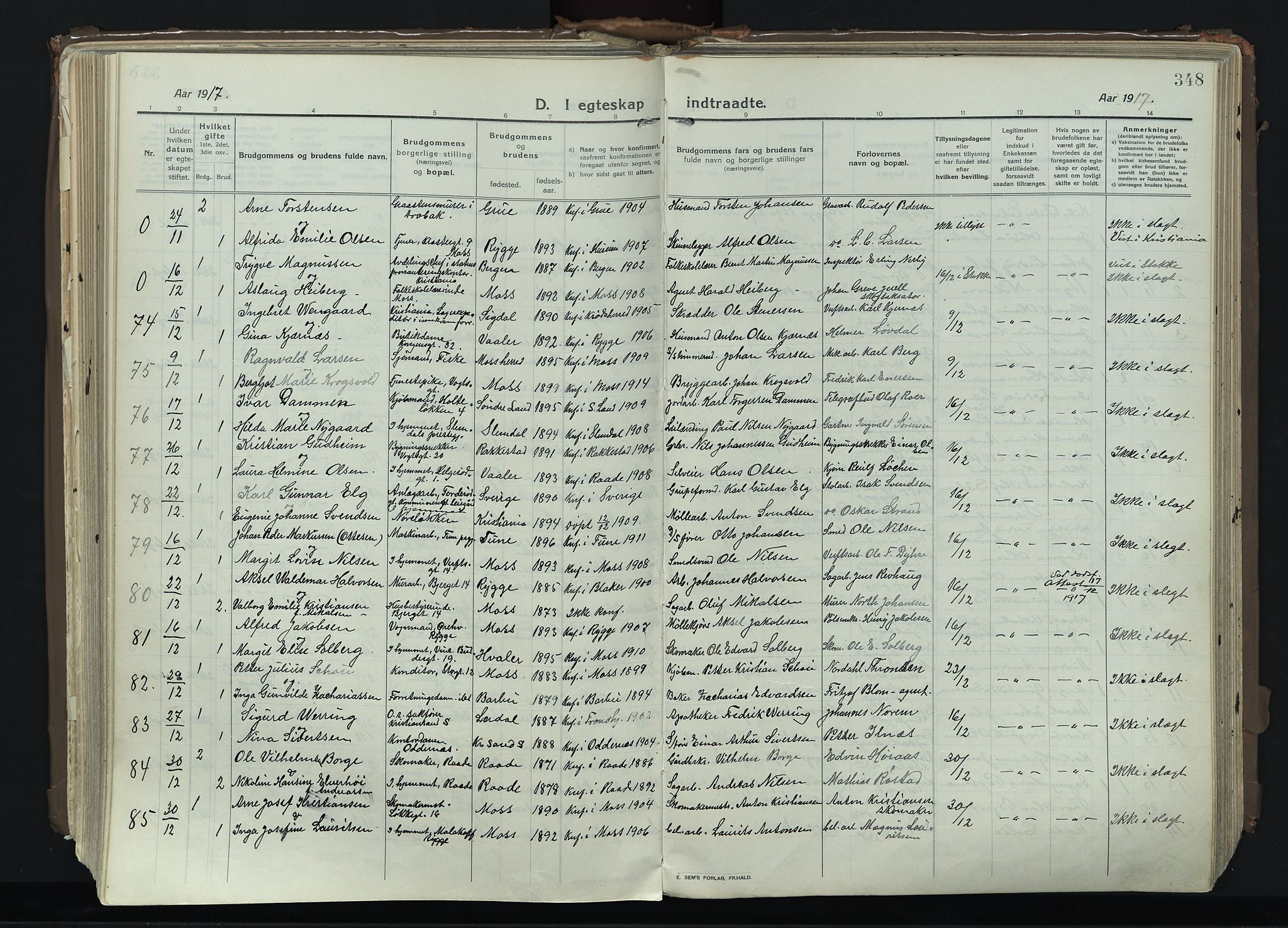 Moss prestekontor Kirkebøker, AV/SAO-A-2003/F/Fb/L0005: Parish register (official) no. II 5, 1913-1923, p. 348