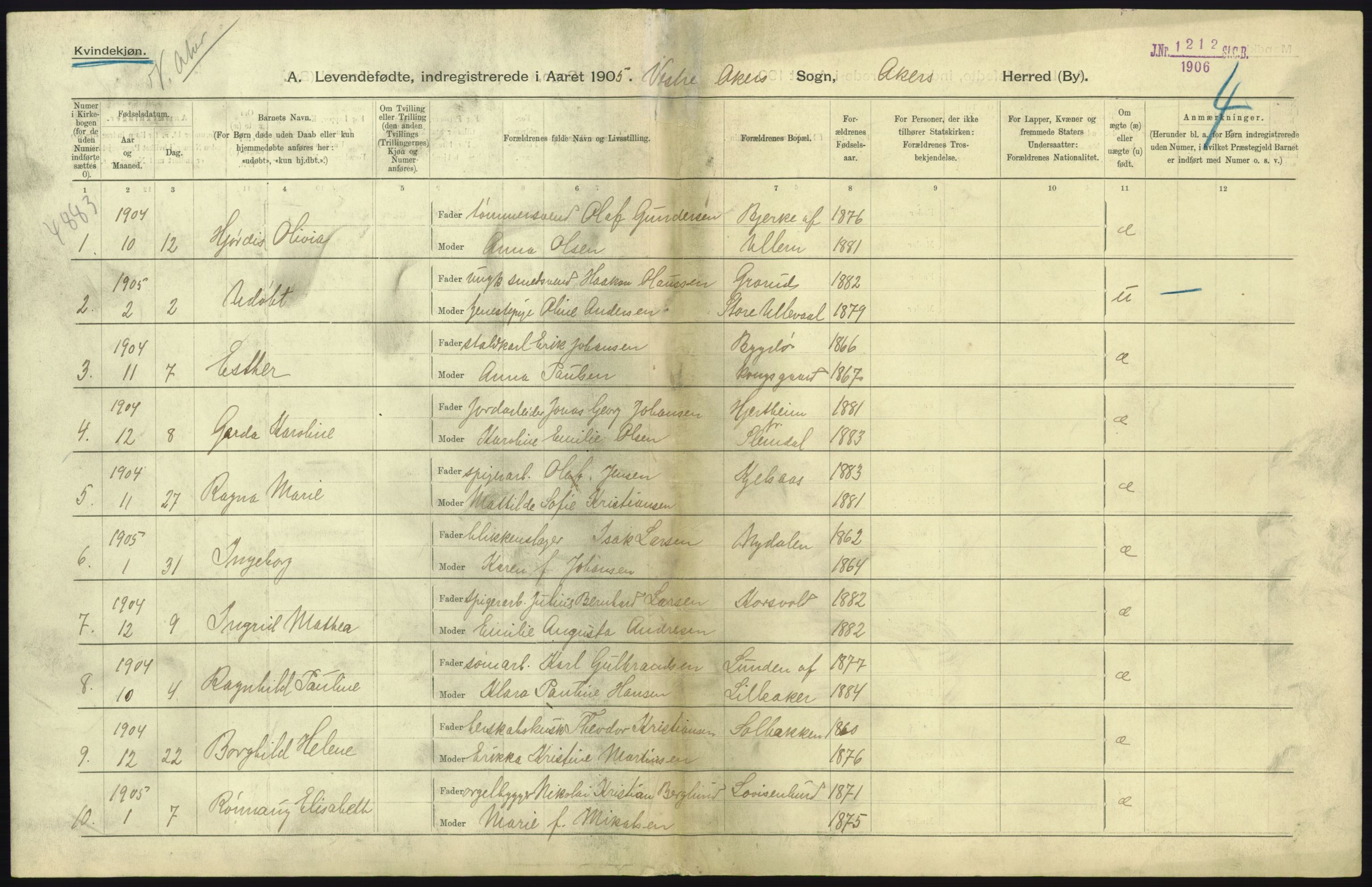 Statistisk sentralbyrå, Sosiodemografiske emner, Befolkning, AV/RA-S-2228/D/Df/Dfa/Dfac/L0004: Akershus amt: Fødte. Bygder., 1905, p. 37