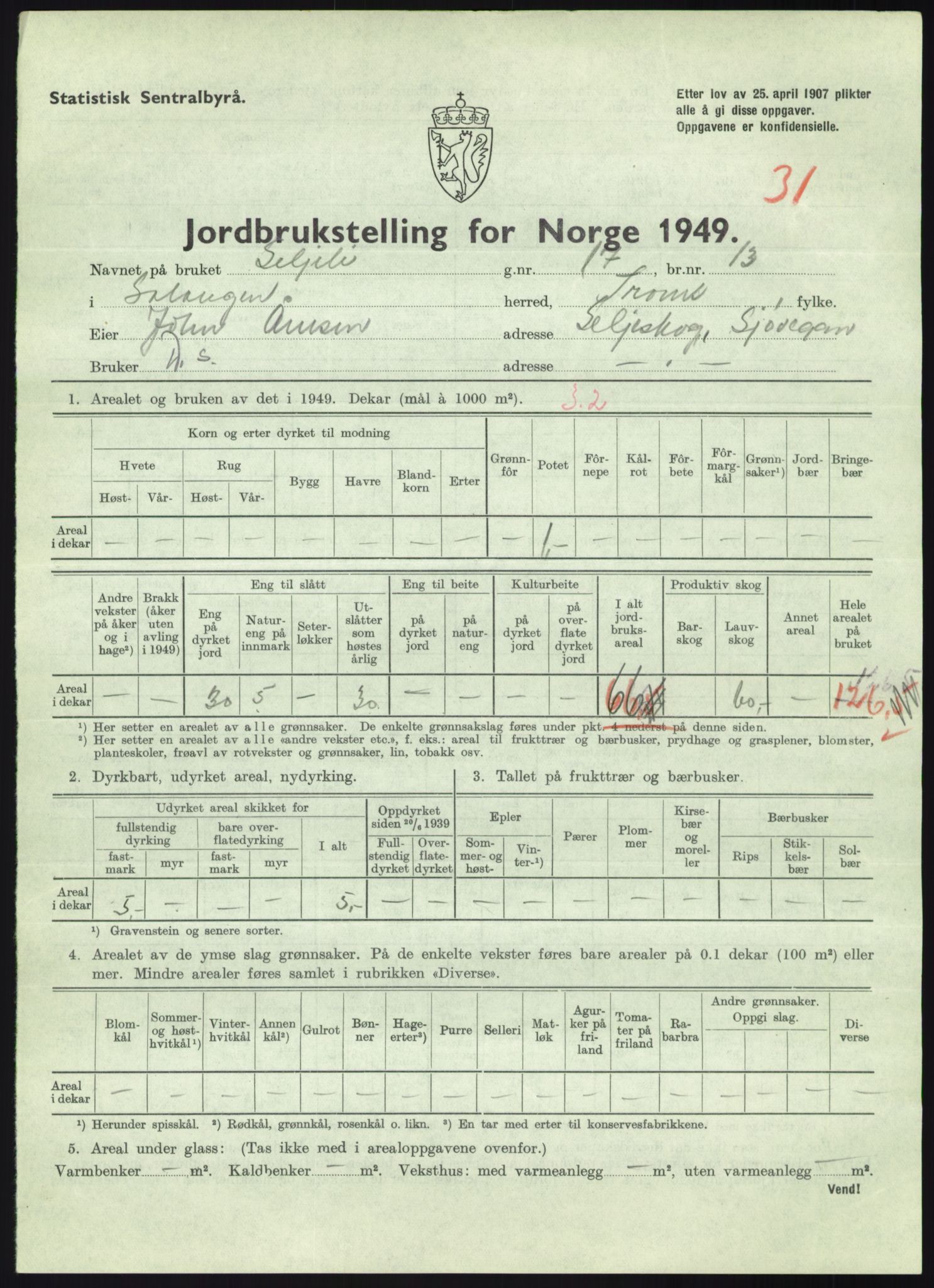 Statistisk sentralbyrå, Næringsøkonomiske emner, Jordbruk, skogbruk, jakt, fiske og fangst, AV/RA-S-2234/G/Gc/L0438: Troms: Salangen og Bardu, 1949, p. 844