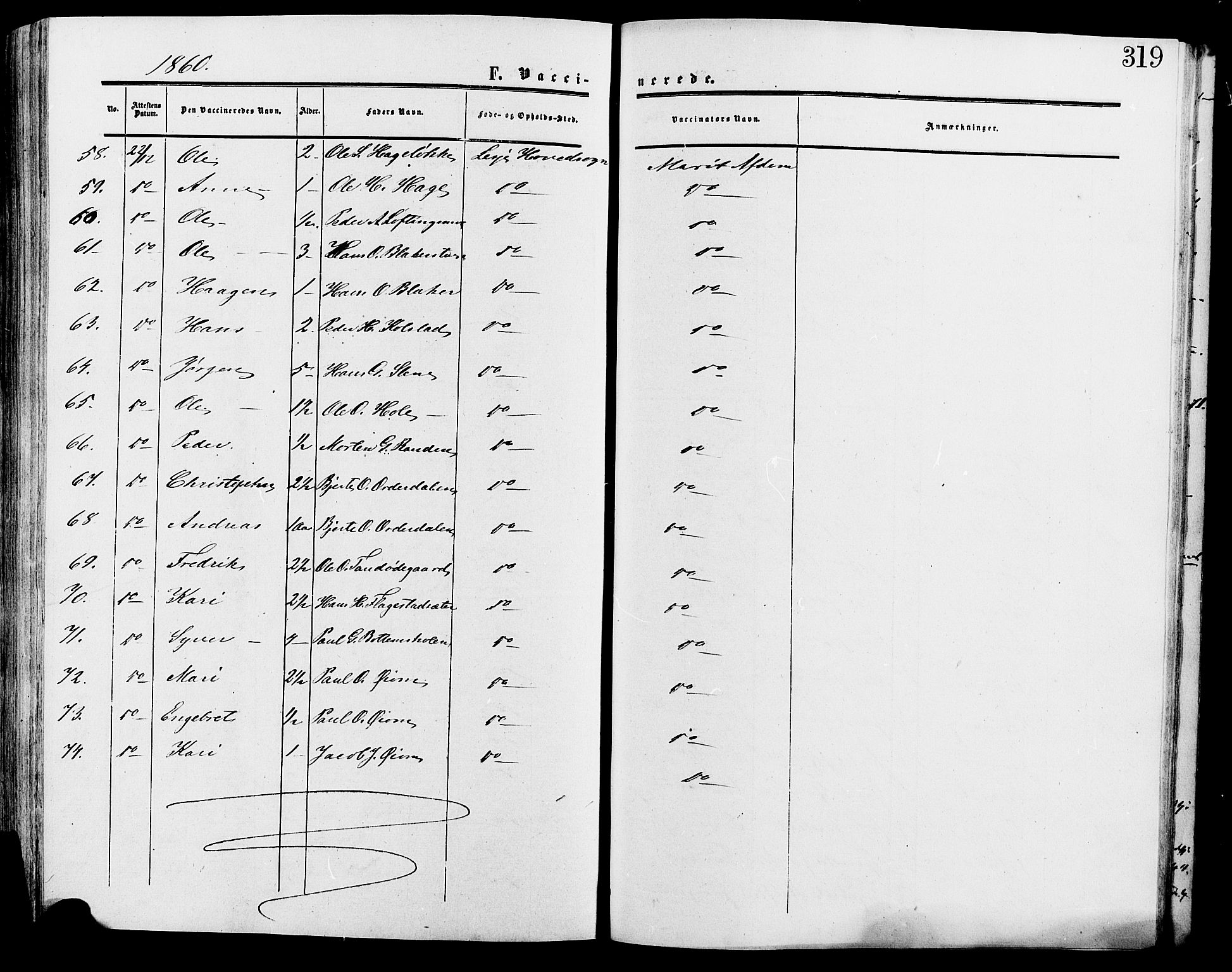 Lesja prestekontor, SAH/PREST-068/H/Ha/Haa/L0009: Parish register (official) no. 9, 1854-1889, p. 319