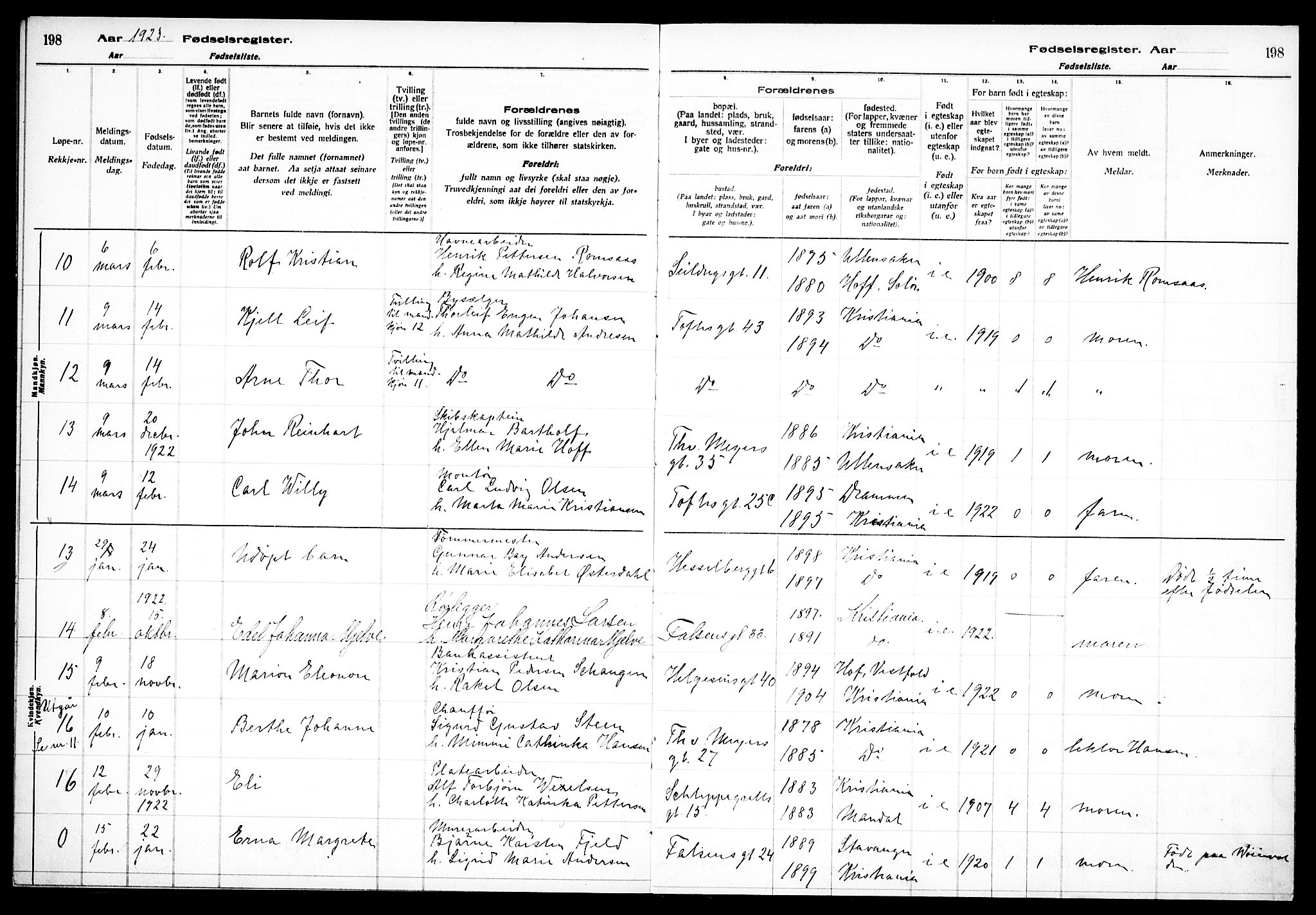 Paulus prestekontor Kirkebøker, AV/SAO-A-10871/J/Ja/L0001: Birth register no. 1, 1916-1923, p. 198