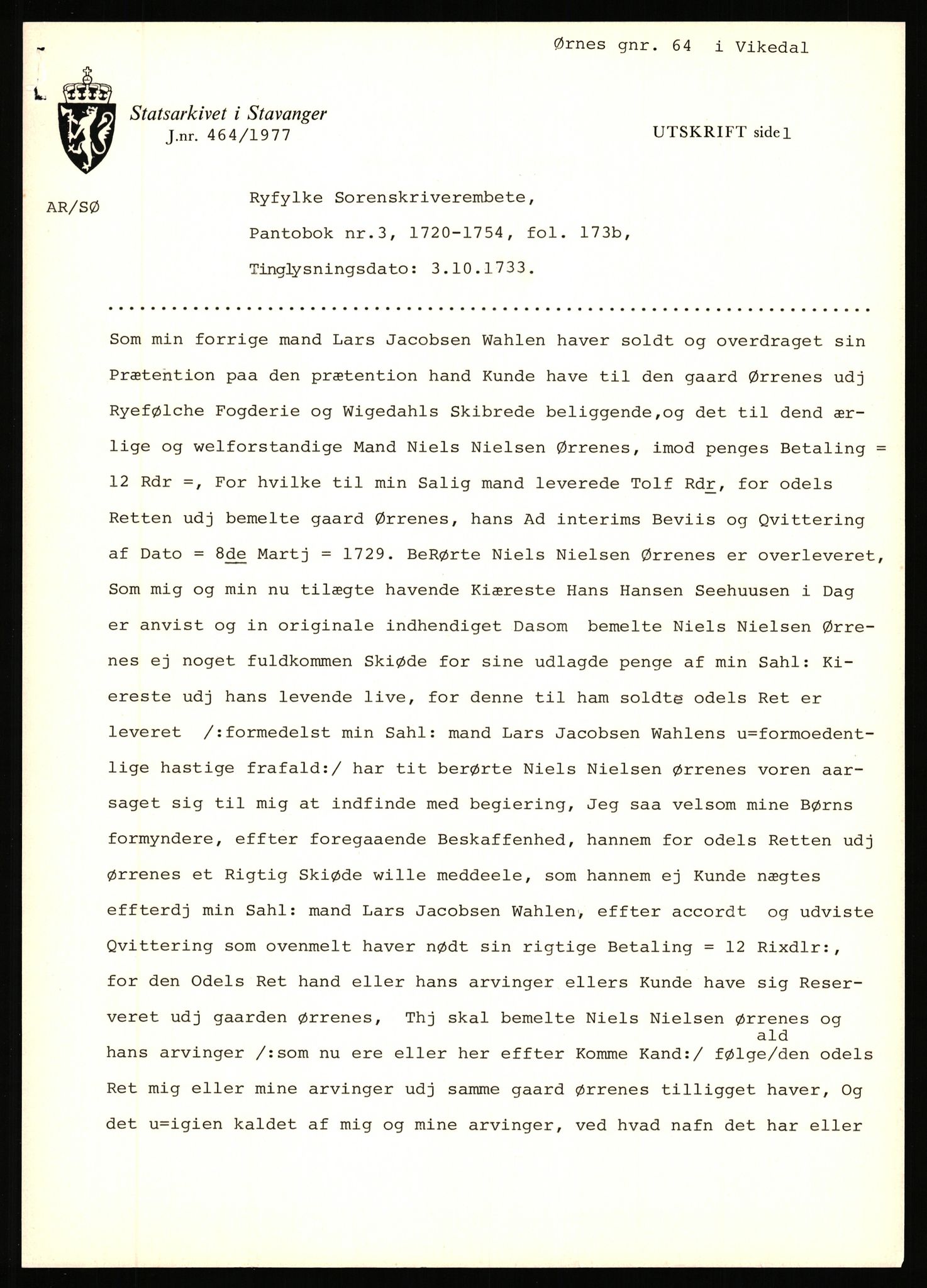 Statsarkivet i Stavanger, AV/SAST-A-101971/03/Y/Yj/L0098: Avskrifter sortert etter gårdsnavn: Øigrei - Østeinstad, 1750-1930, p. 285