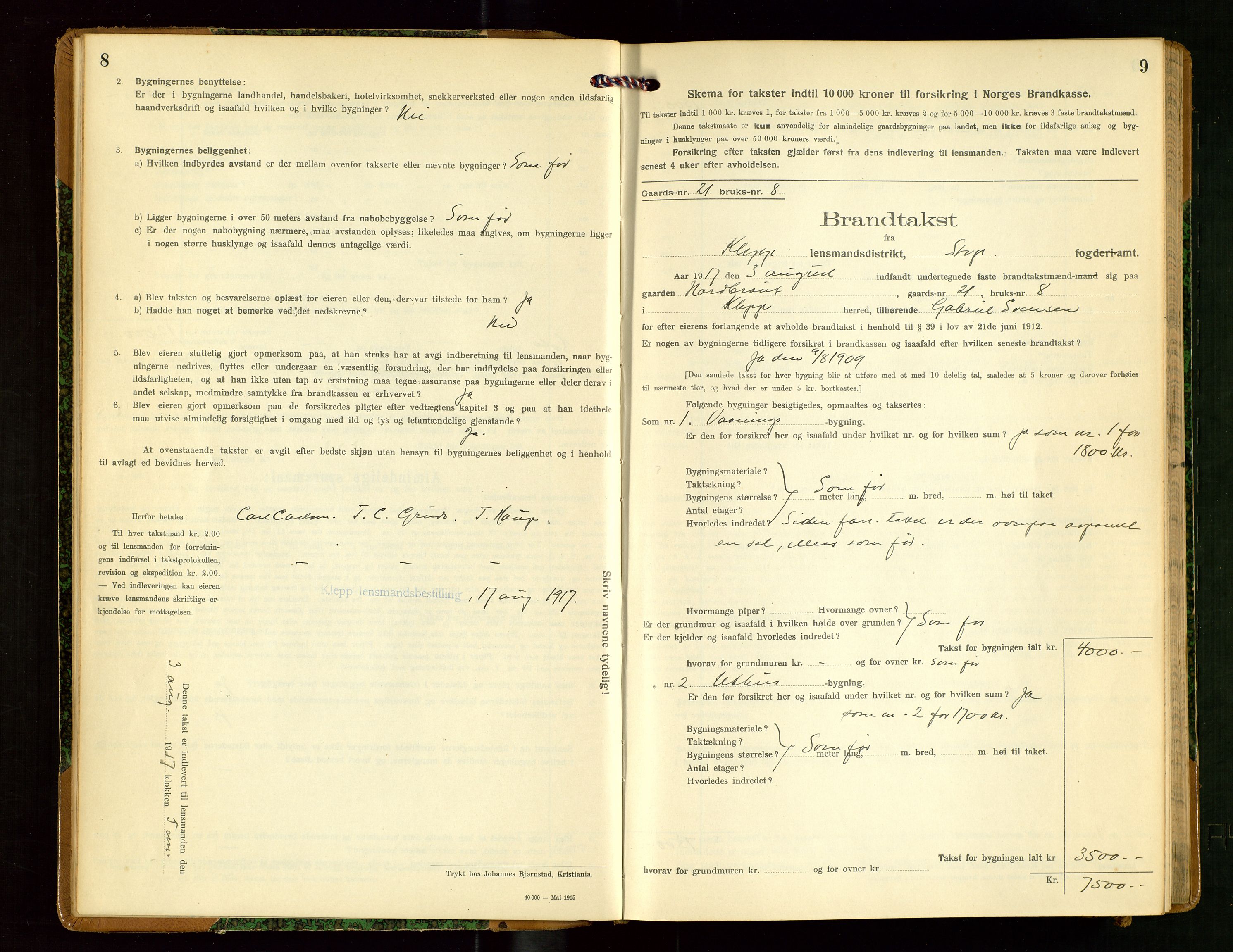 Klepp lensmannskontor, AV/SAST-A-100163/Goc/L0009: "Brandtakstprotokol" m/register, 1917-1919, p. 8-9