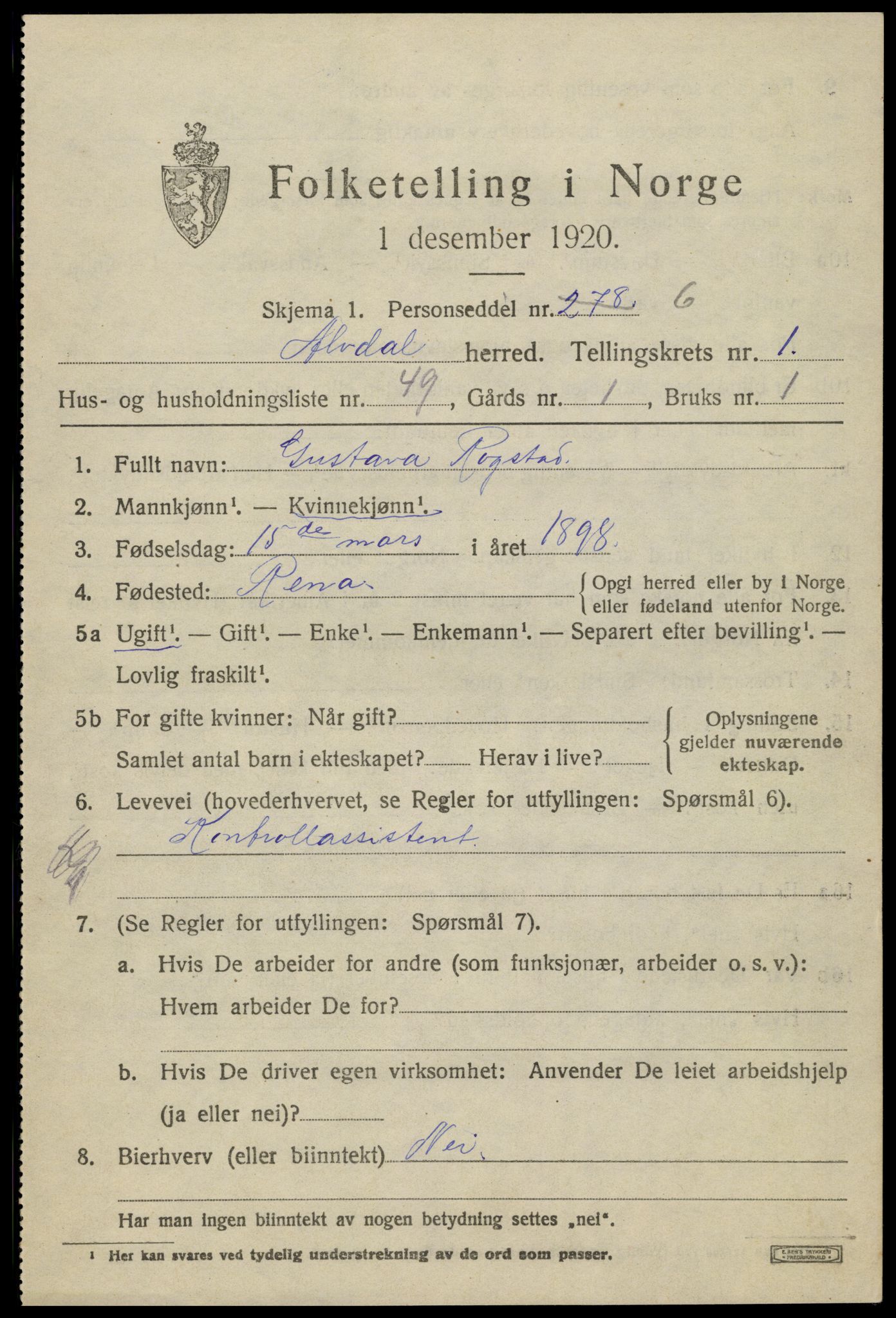 SAH, 1920 census for Alvdal, 1920, p. 1450