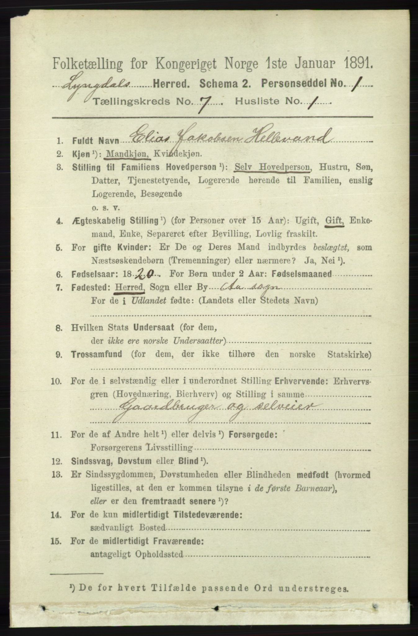 RA, 1891 census for 1032 Lyngdal, 1891, p. 2934