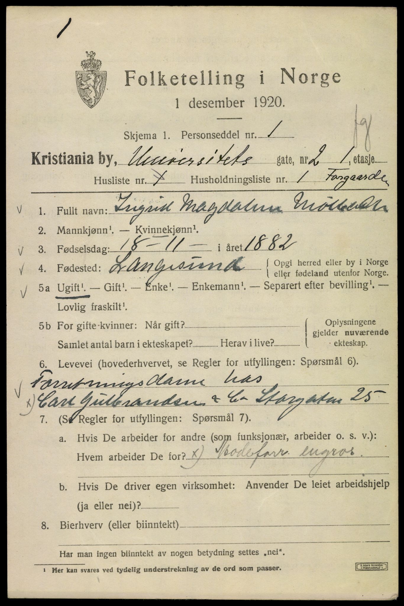 SAO, 1920 census for Kristiania, 1920, p. 618075