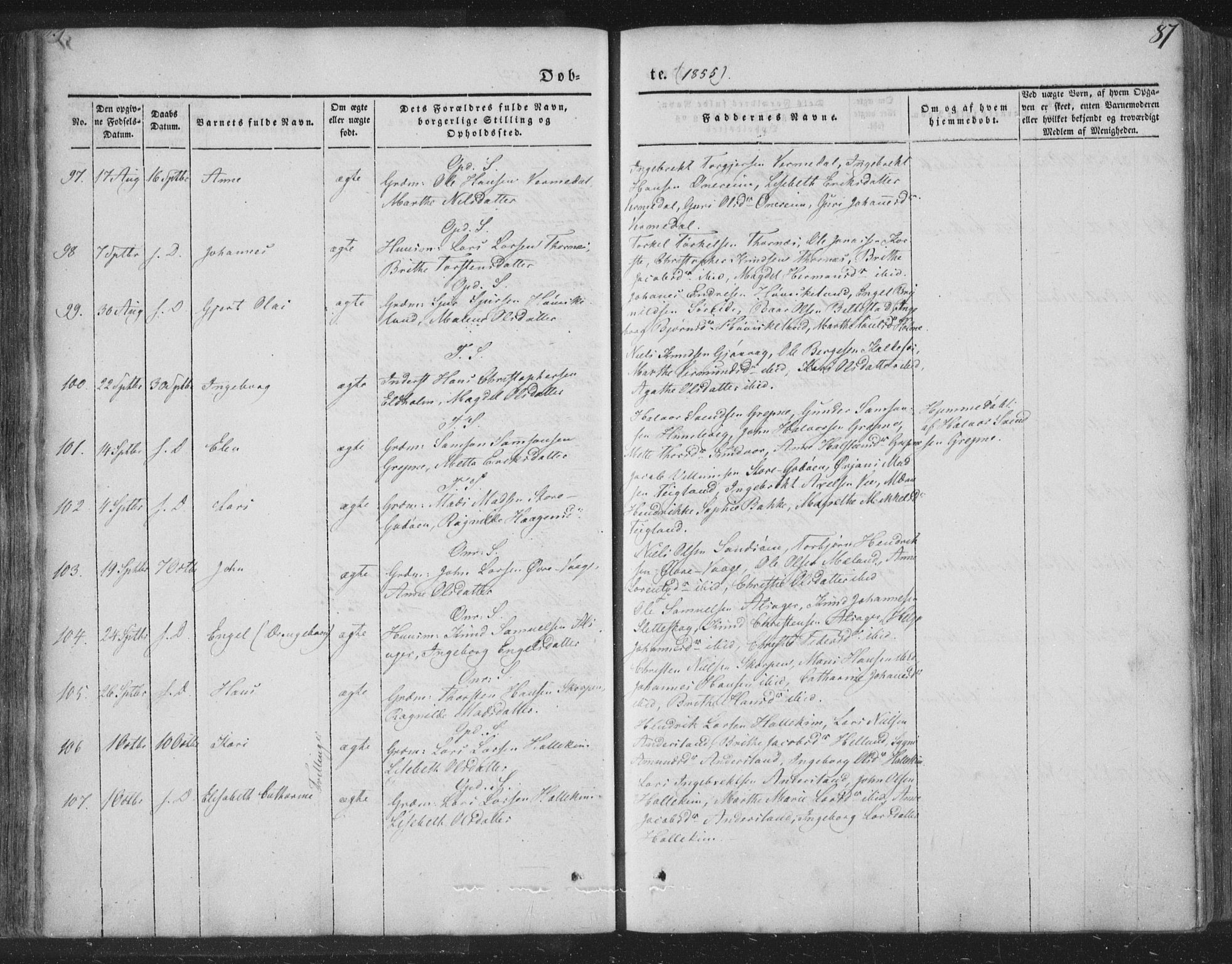 Tysnes sokneprestembete, AV/SAB-A-78601/H/Haa: Parish register (official) no. A 10, 1848-1859, p. 87