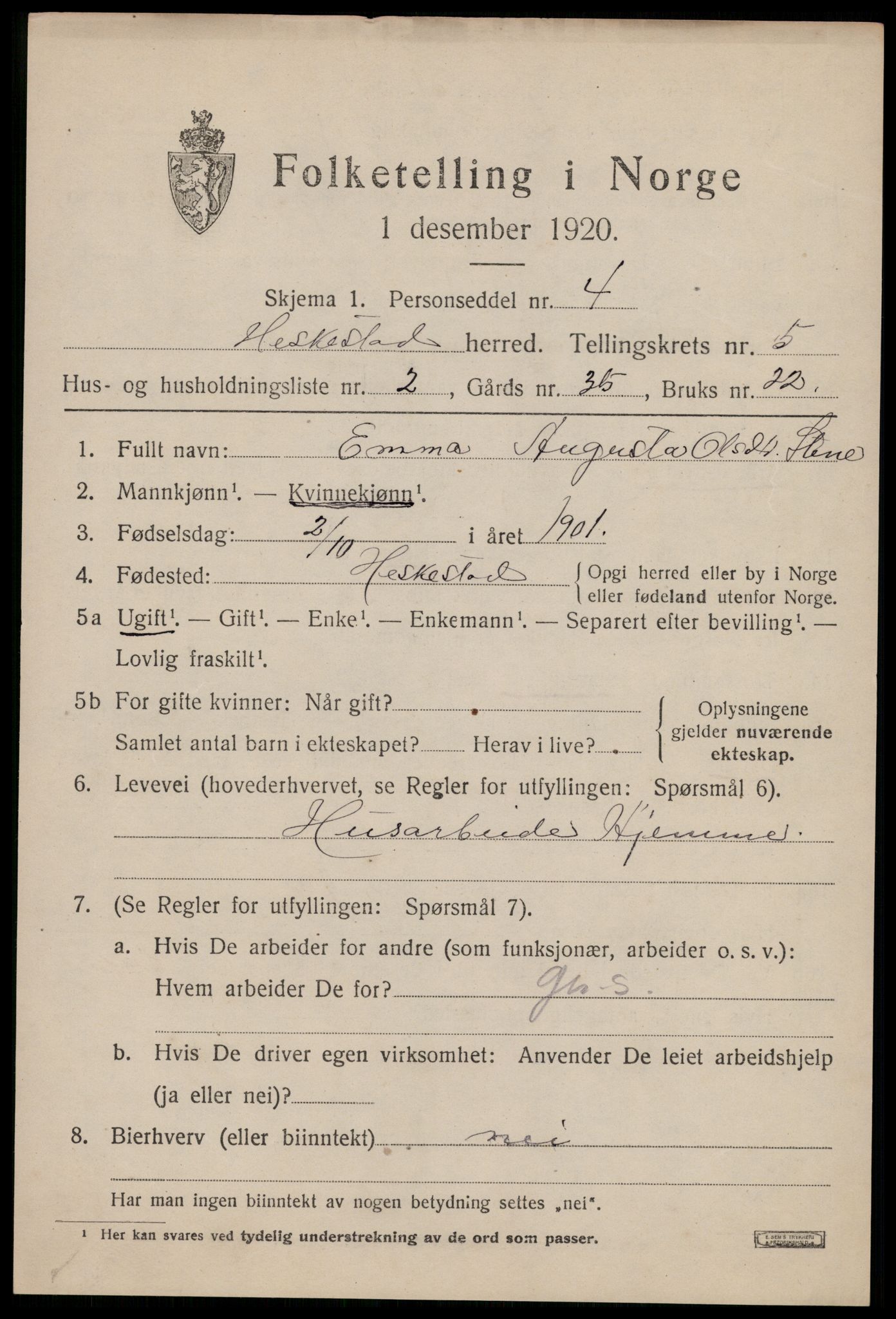 SAST, 1920 census for Heskestad, 1920, p. 1845