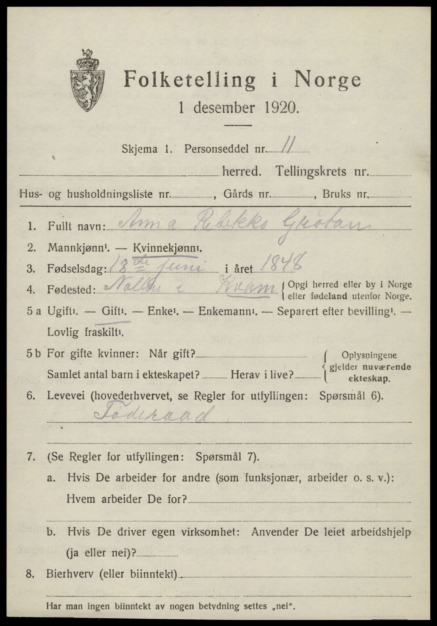 SAT, 1920 census for Kvam, 1920, p. 1791