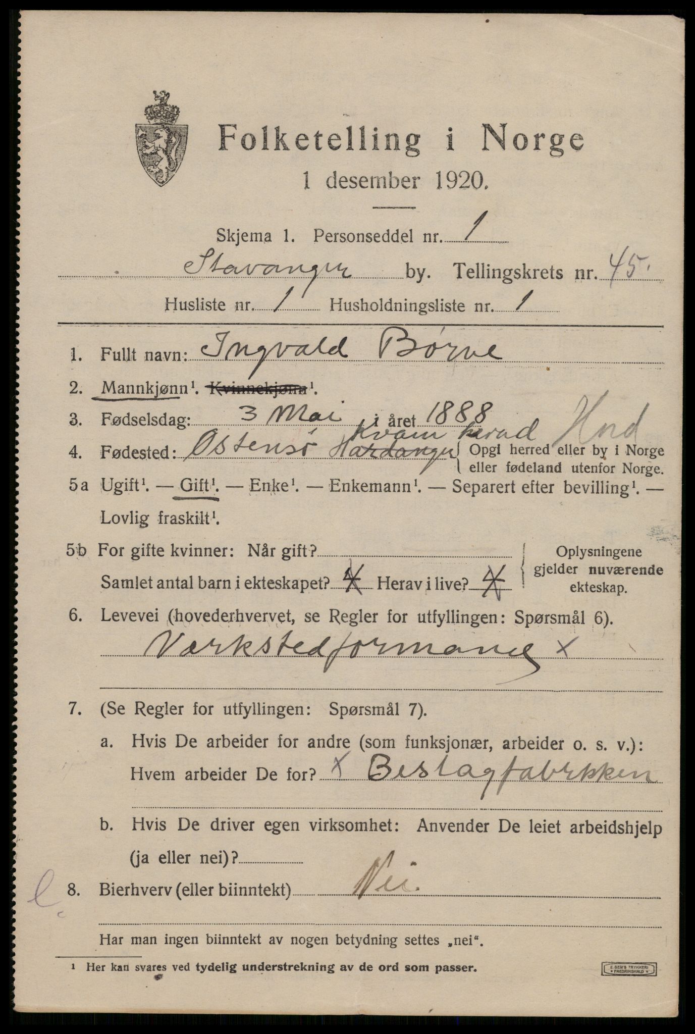 SAST, 1920 census for Stavanger, 1920, p. 110138