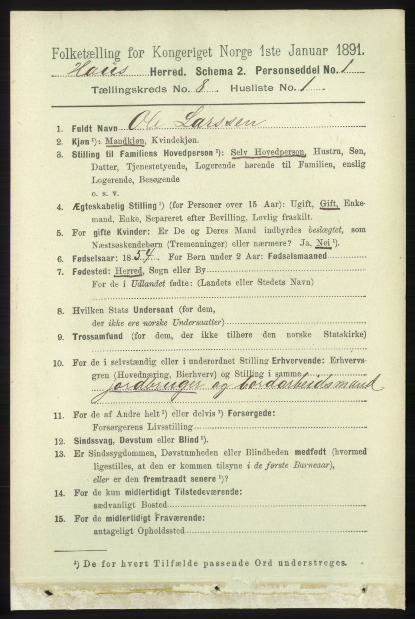 RA, 1891 census for 1250 Haus, 1891, p. 3154