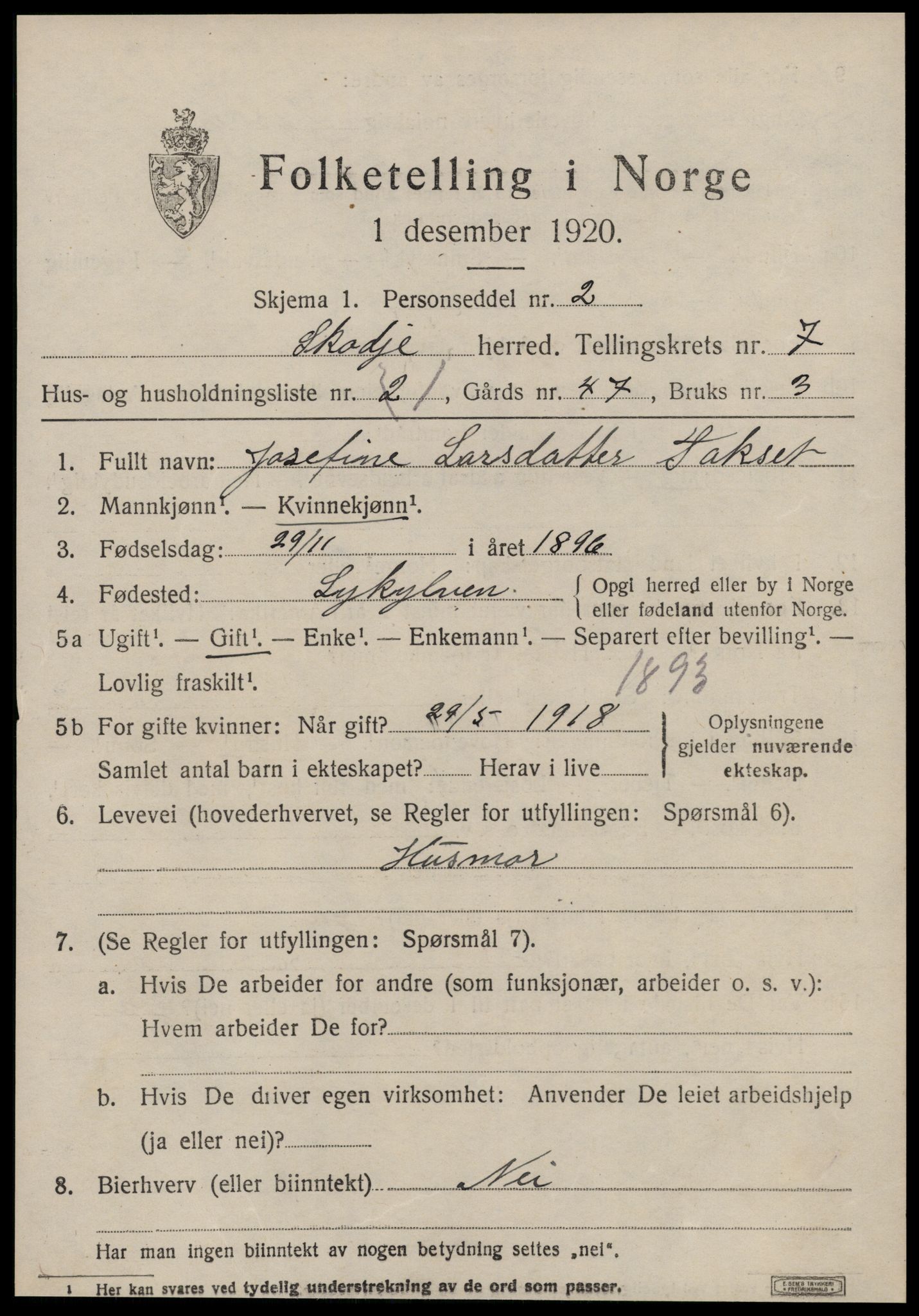 SAT, 1920 census for Skodje, 1920, p. 2971