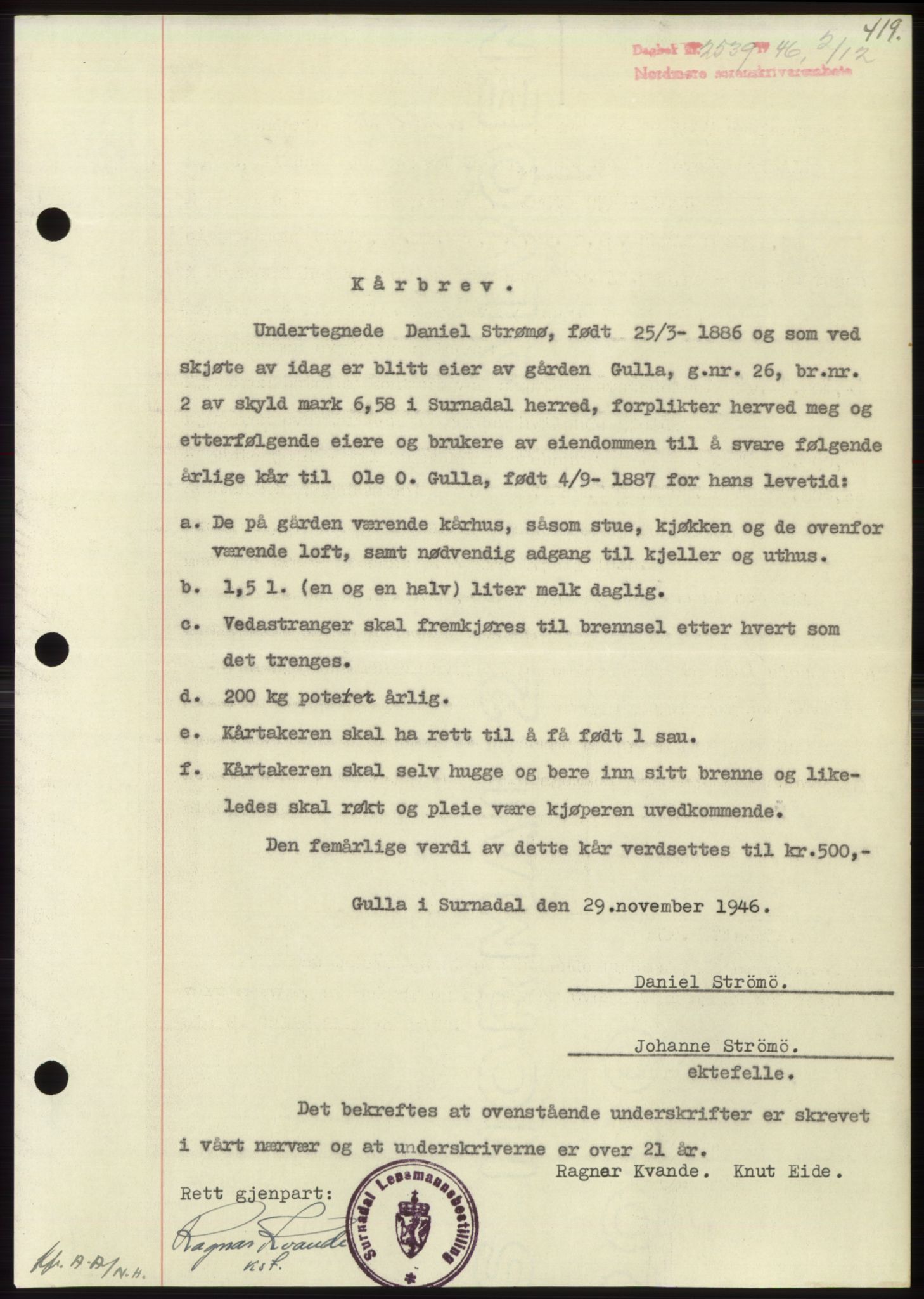 Nordmøre sorenskriveri, AV/SAT-A-4132/1/2/2Ca: Mortgage book no. B95, 1946-1947, Diary no: : 2539/1946