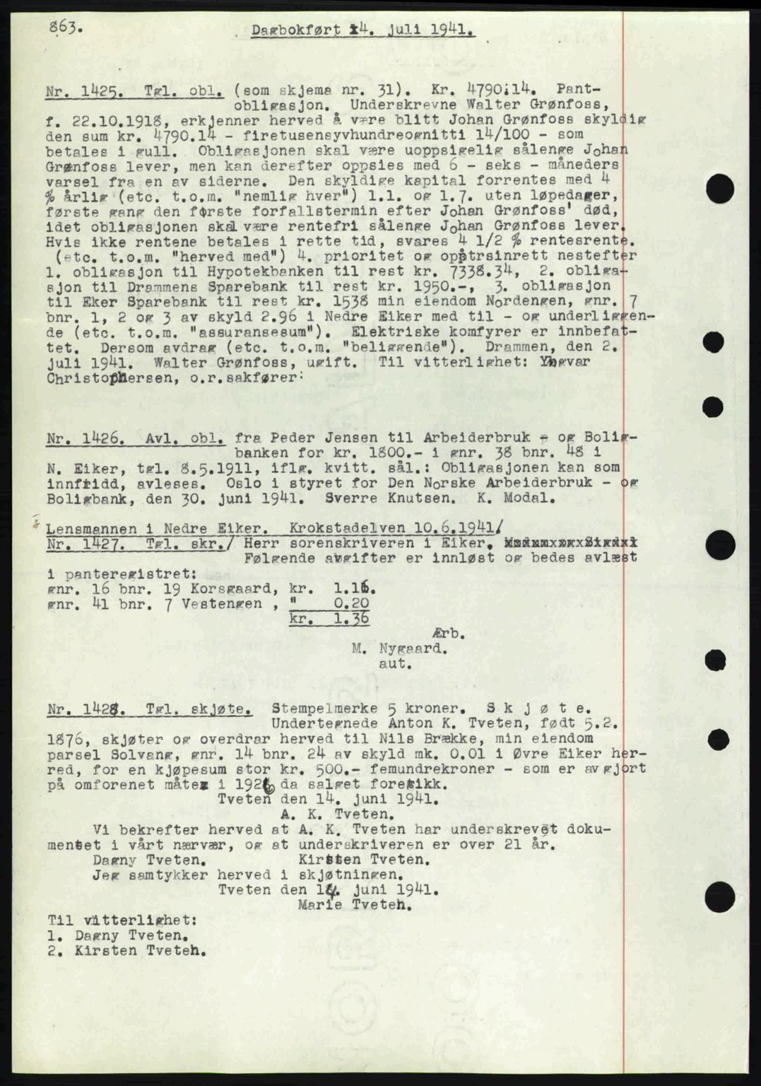 Eiker, Modum og Sigdal sorenskriveri, SAKO/A-123/G/Ga/Gab/L0043: Mortgage book no. A13, 1940-1941, Diary no: : 1425/1941