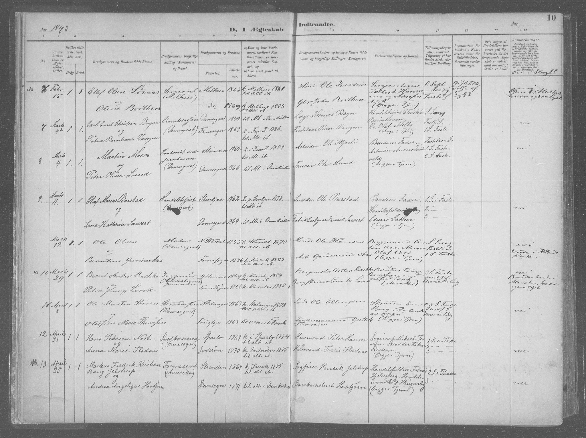 Ministerialprotokoller, klokkerbøker og fødselsregistre - Sør-Trøndelag, SAT/A-1456/601/L0064: Parish register (official) no. 601A31, 1891-1911, p. 10