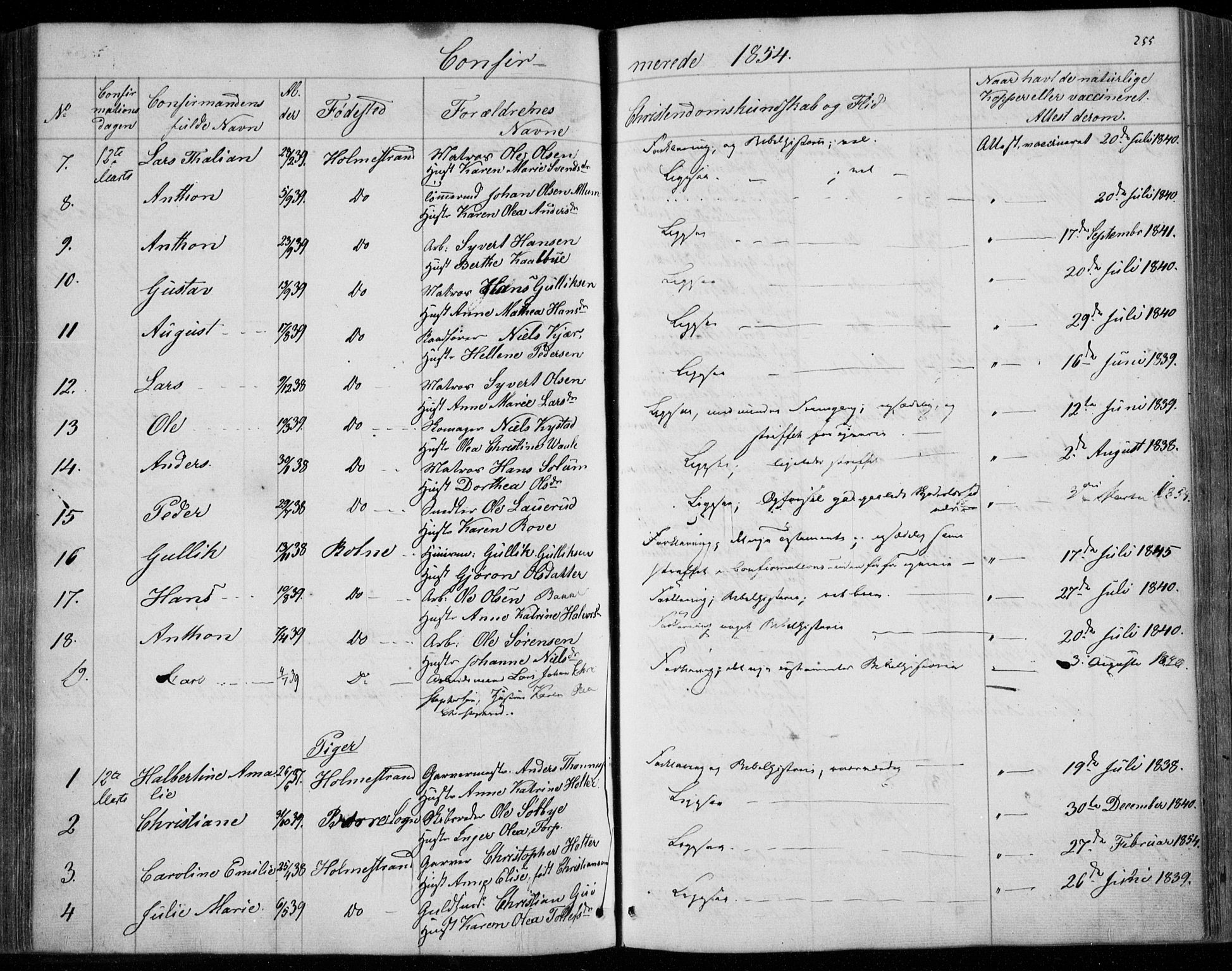 Holmestrand kirkebøker, AV/SAKO-A-346/F/Fa/L0002: Parish register (official) no. 2, 1840-1866, p. 255