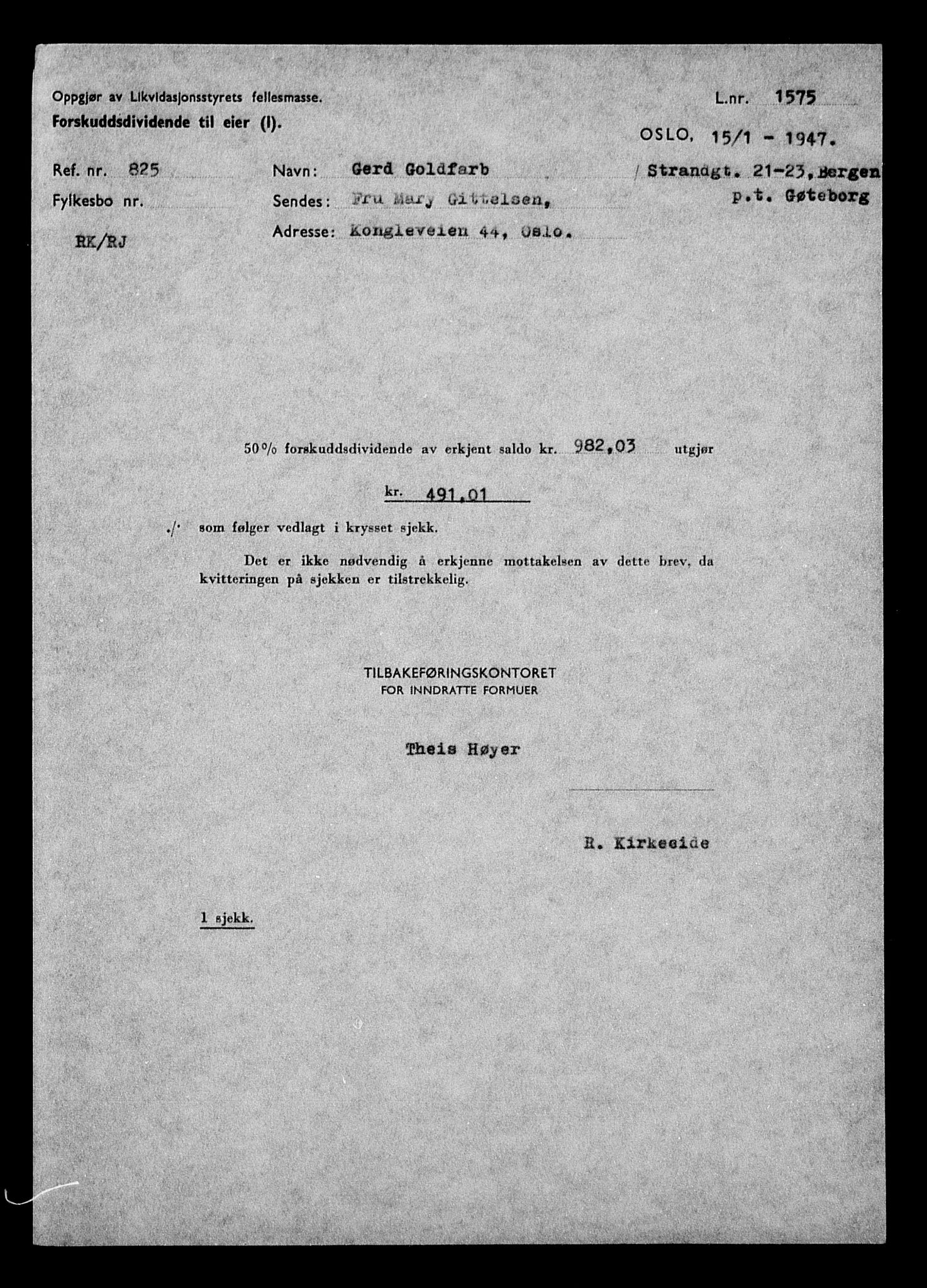 Justisdepartementet, Tilbakeføringskontoret for inndratte formuer, AV/RA-S-1564/H/Hc/Hcd/L0996: --, 1945-1947, p. 44