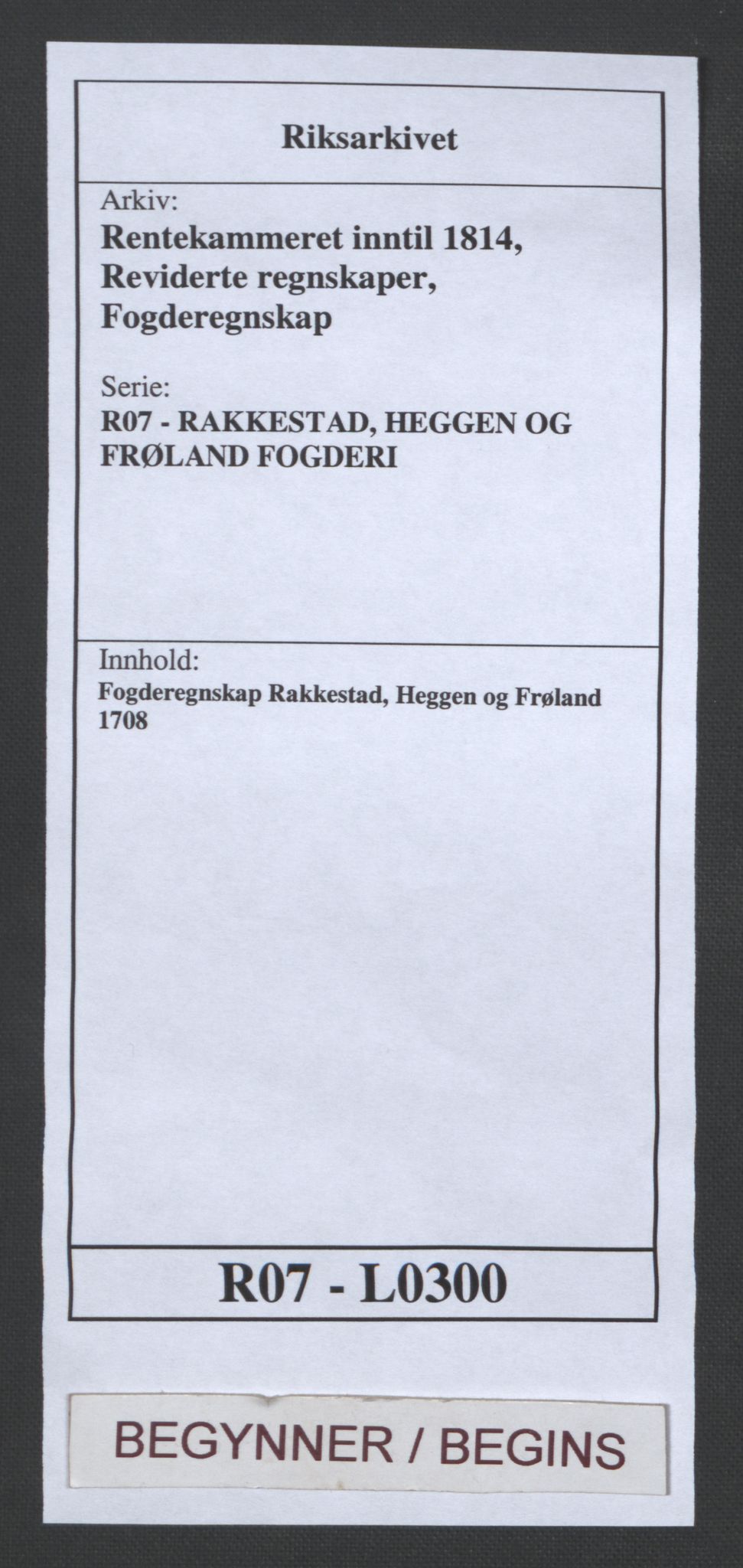 Rentekammeret inntil 1814, Reviderte regnskaper, Fogderegnskap, AV/RA-EA-4092/R07/L0300: Fogderegnskap Rakkestad, Heggen og Frøland, 1708, p. 1