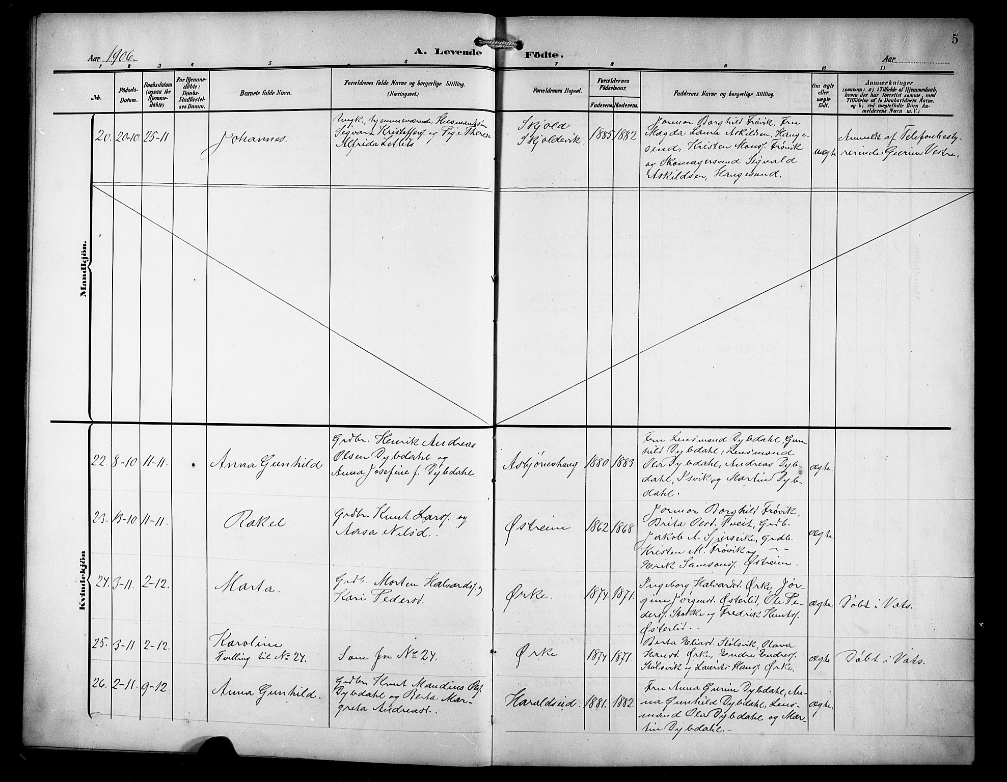 Skjold sokneprestkontor, AV/SAST-A-101847/H/Ha/Hab/L0008: Parish register (copy) no. B 8, 1906-1920, p. 5