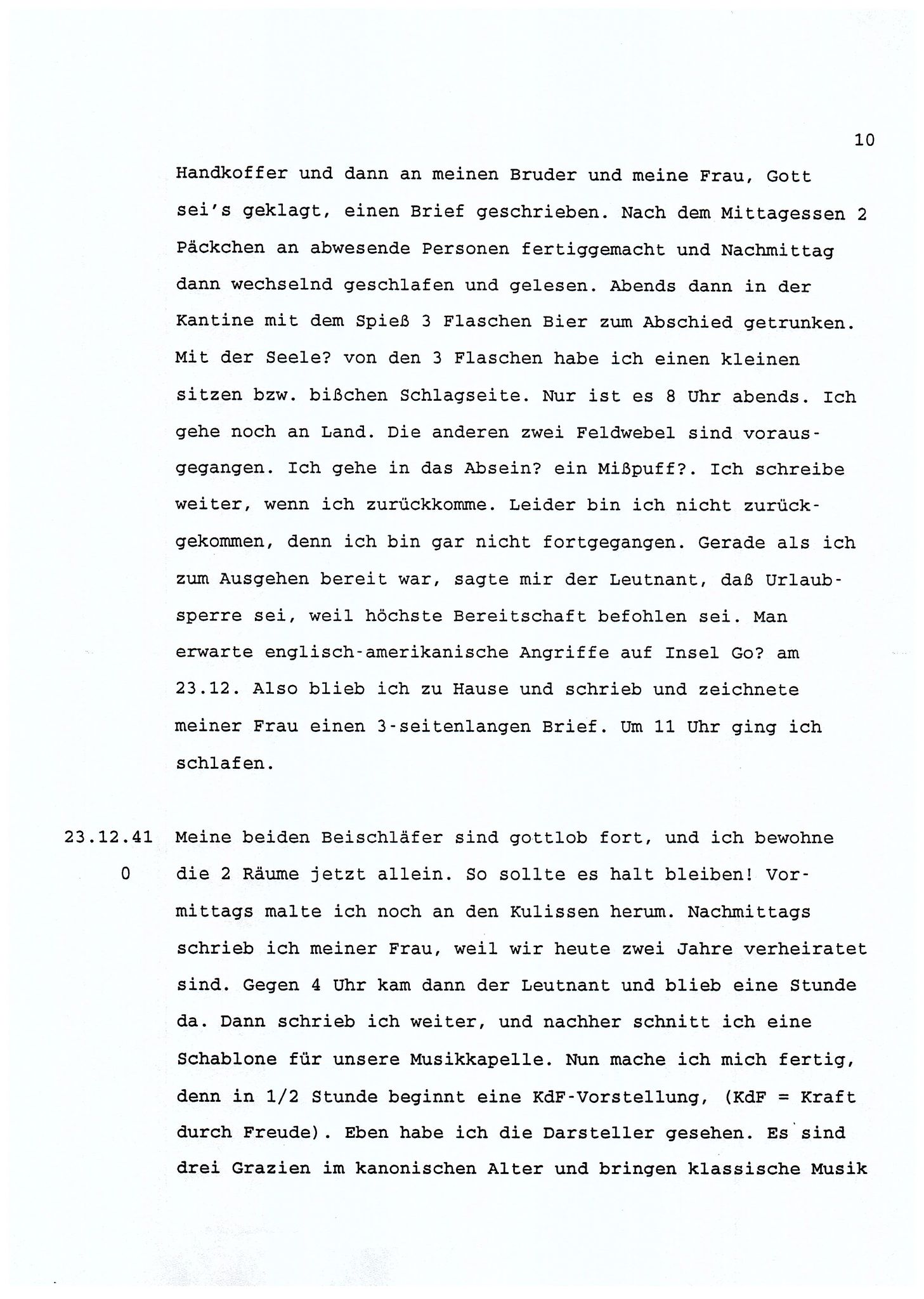 Dagbokopptegnelser av en tysk marineoffiser stasjonert i Norge , FMFB/A-1160/F/L0001: Dagbokopptegnelser av en tysk marineoffiser stasjonert i Norge, 1941-1944, p. 10