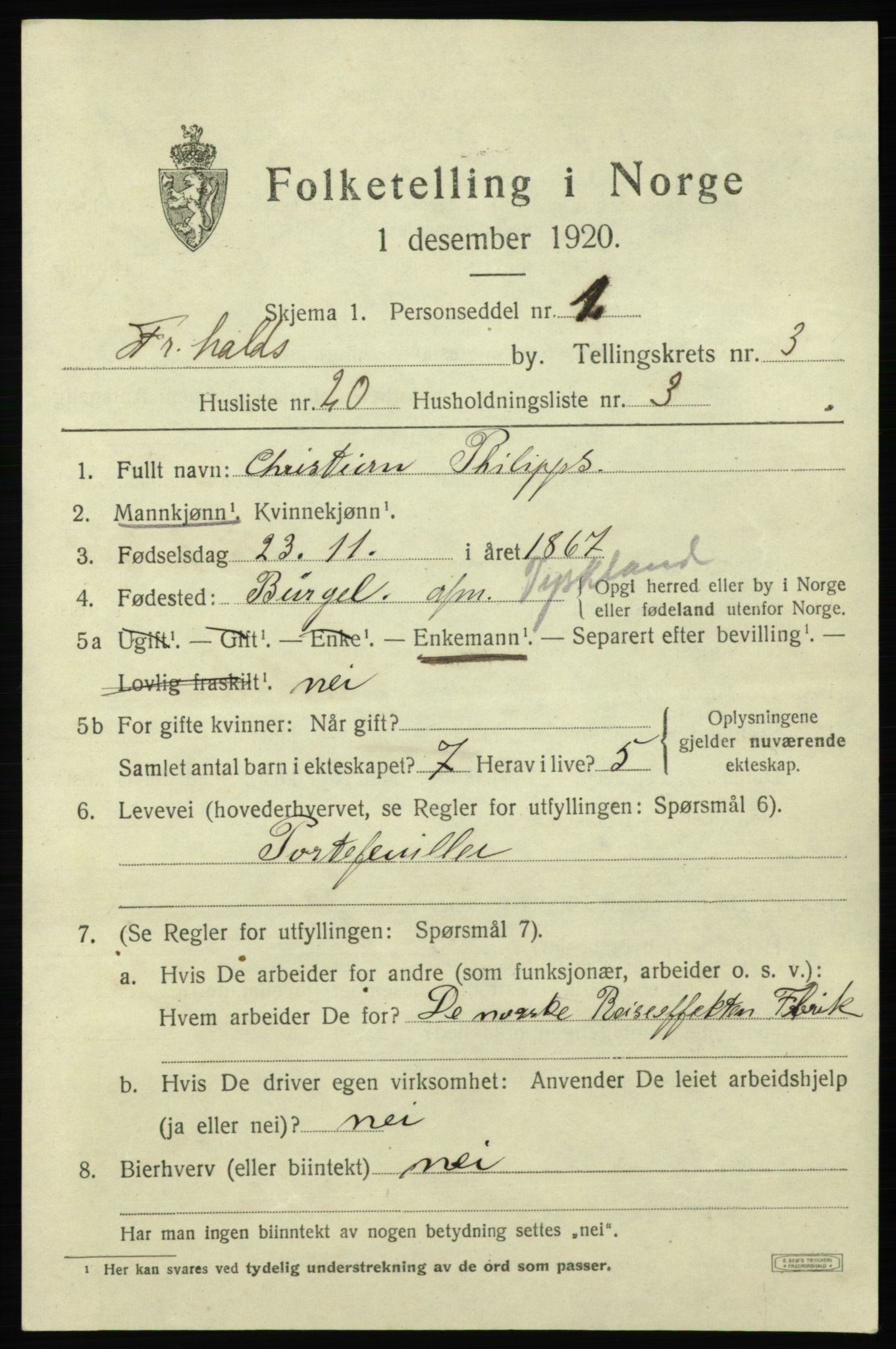 SAO, 1920 census for Fredrikshald, 1920, p. 10926