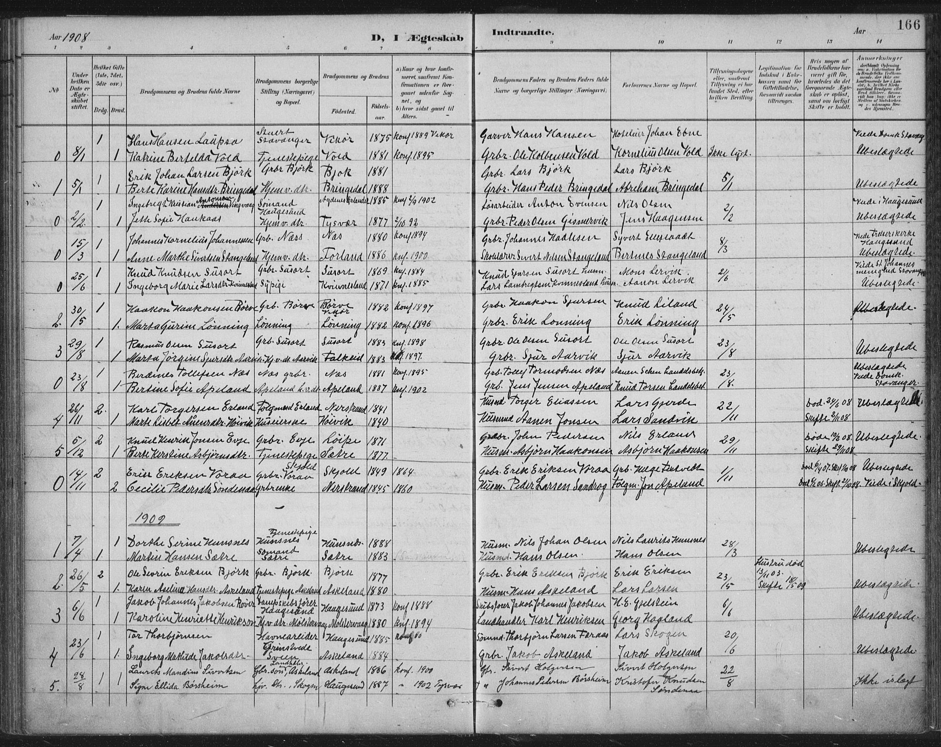 Tysvær sokneprestkontor, SAST/A -101864/H/Ha/Haa/L0008: Parish register (official) no. A 8, 1897-1918, p. 166