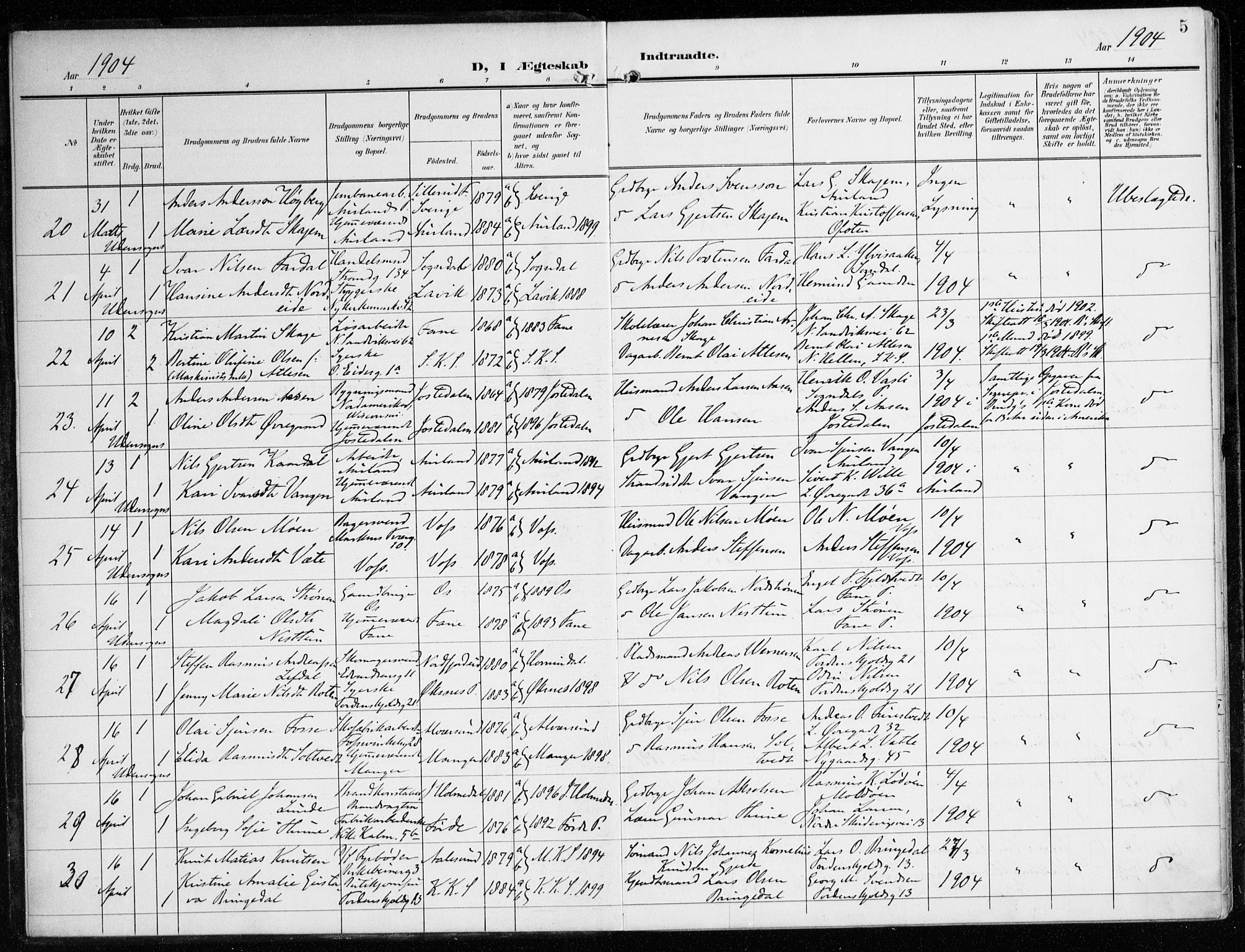 Korskirken sokneprestembete, SAB/A-76101/H/Haa/L0038: Parish register (official) no. D 5, 1904-1919, p. 5