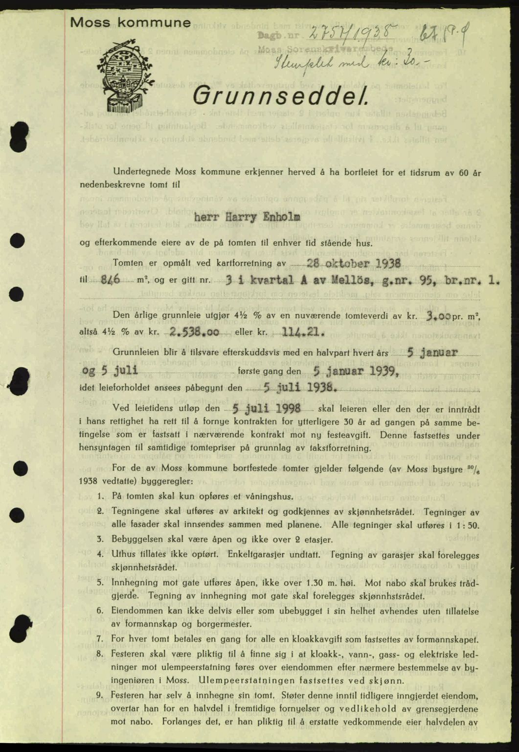 Moss sorenskriveri, SAO/A-10168: Mortgage book no. A5, 1938-1939, Diary no: : 2757/1938
