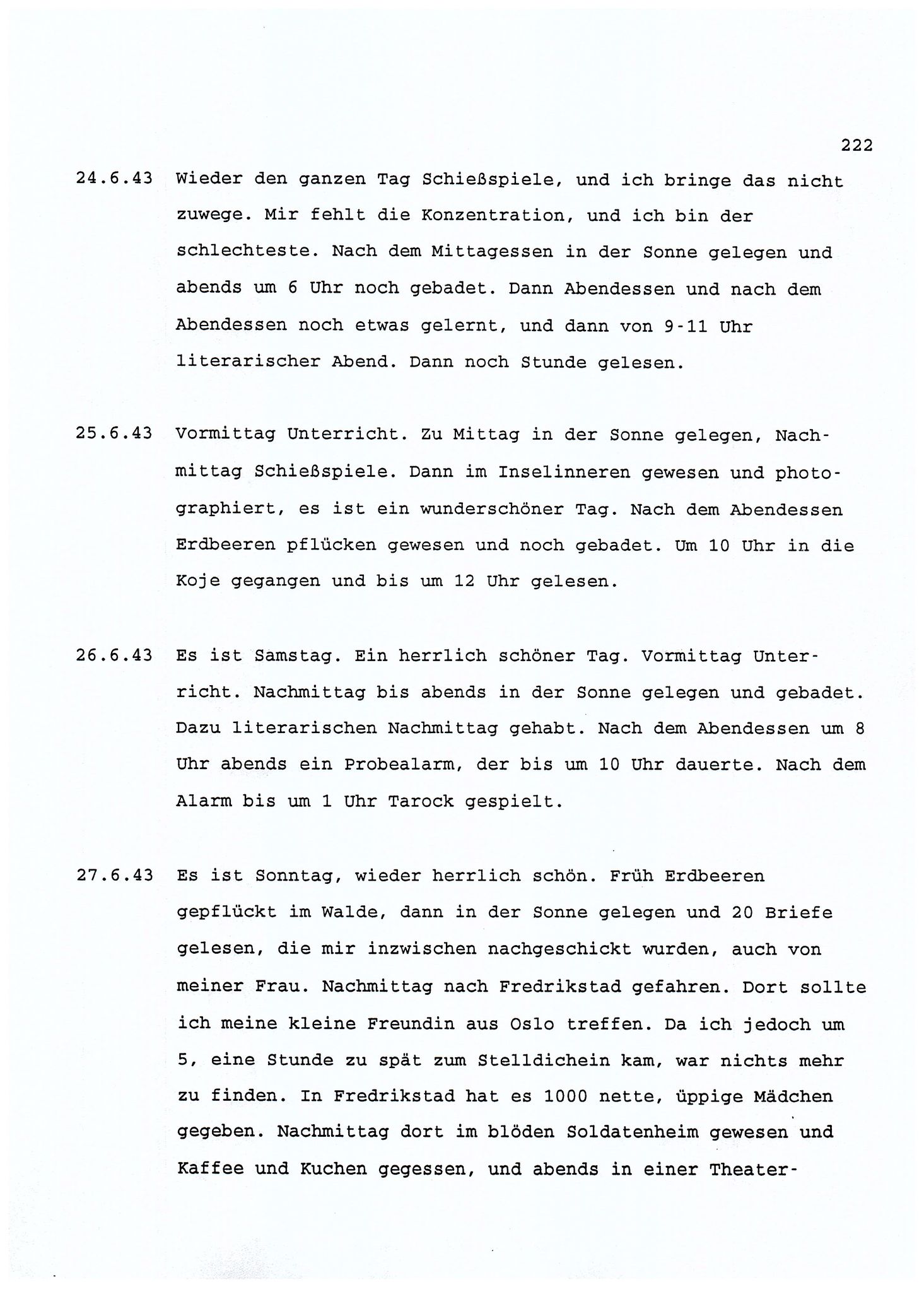 Dagbokopptegnelser av en tysk marineoffiser stasjonert i Norge , FMFB/A-1160/F/L0001: Dagbokopptegnelser av en tysk marineoffiser stasjonert i Norge, 1941-1944, p. 222