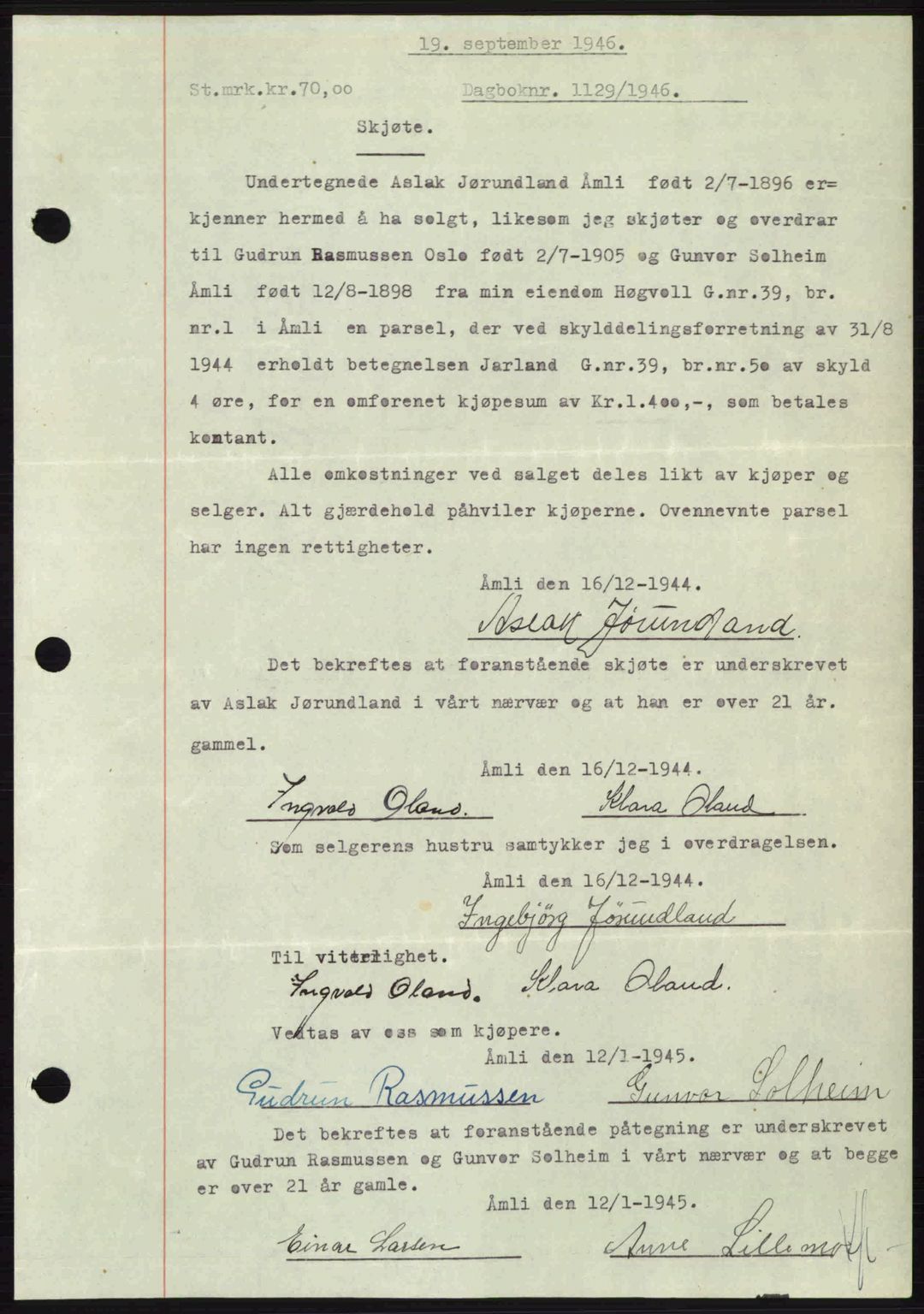 Nedenes sorenskriveri, SAK/1221-0006/G/Gb/Gba/L0056: Mortgage book no. A8, 1946-1947, Diary no: : 1129/1946