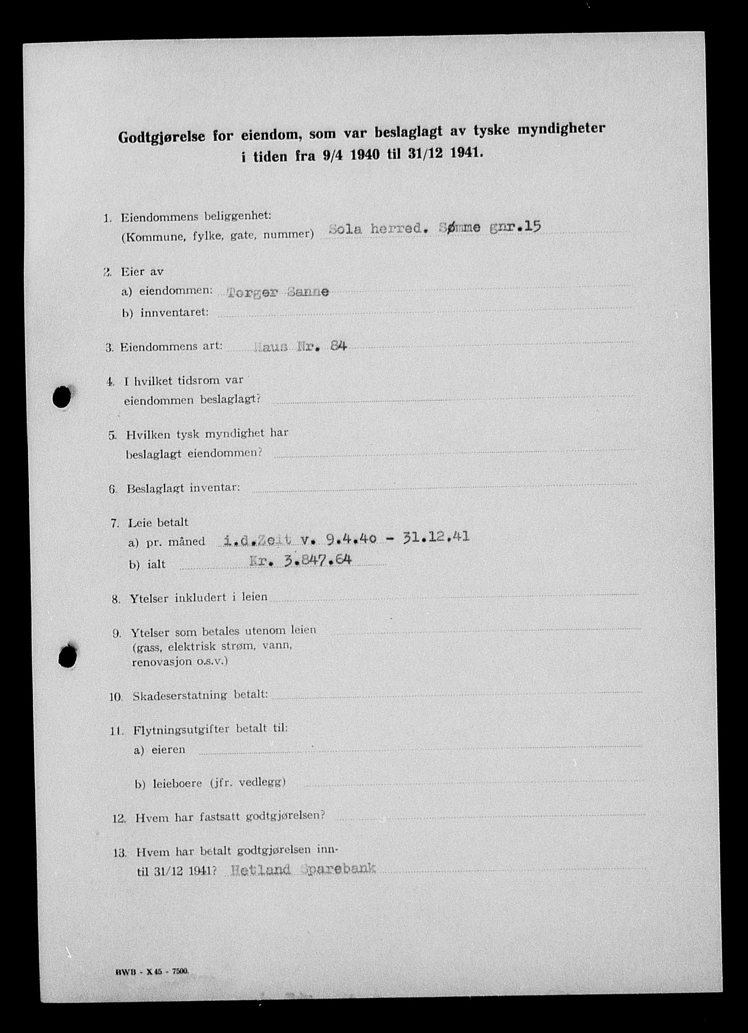Justisdepartementet, Tilbakeføringskontoret for inndratte formuer, AV/RA-S-1564/I/L1015: Godtgjørelse for beslaglagt eiendom, 1940-1941, p. 147
