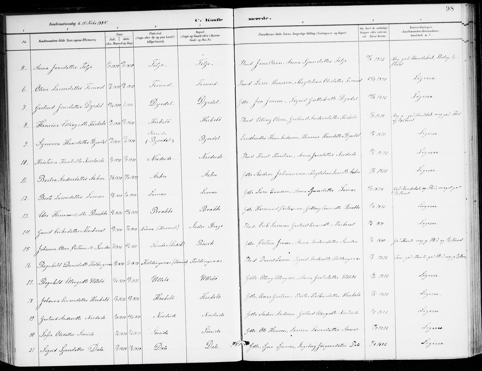 Lavik sokneprestembete, AV/SAB-A-80901: Parish register (official) no. C 1, 1882-1904, p. 98