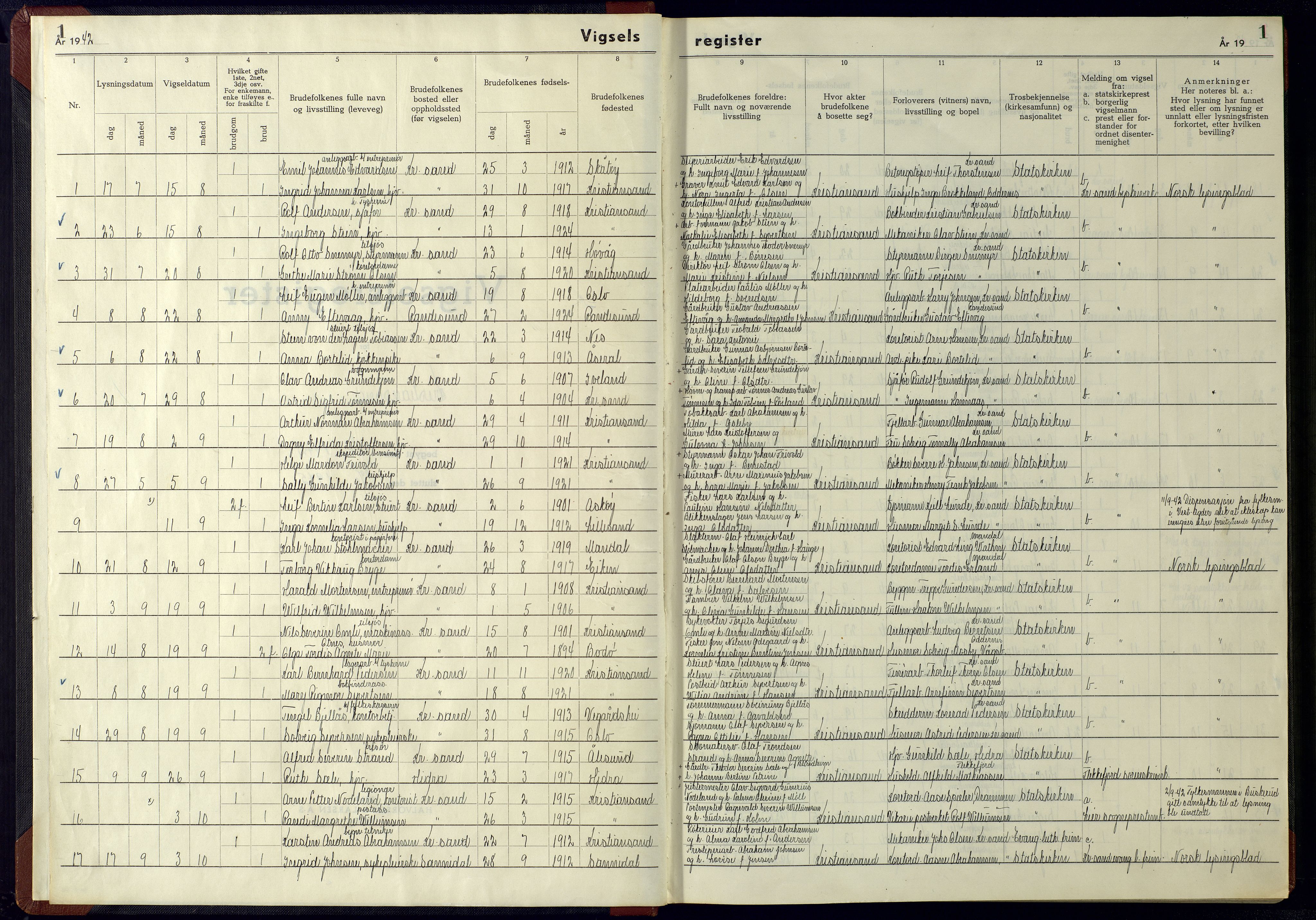 Kristiansand domprosti, SAK/1112-0006/J/Ja/L0003: Marriage register no. A-VI-15, 1942-1945, p. 1