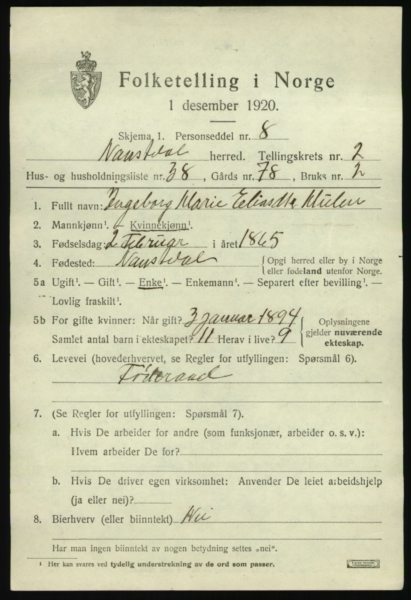 SAB, 1920 census for Naustdal, 1920, p. 1711