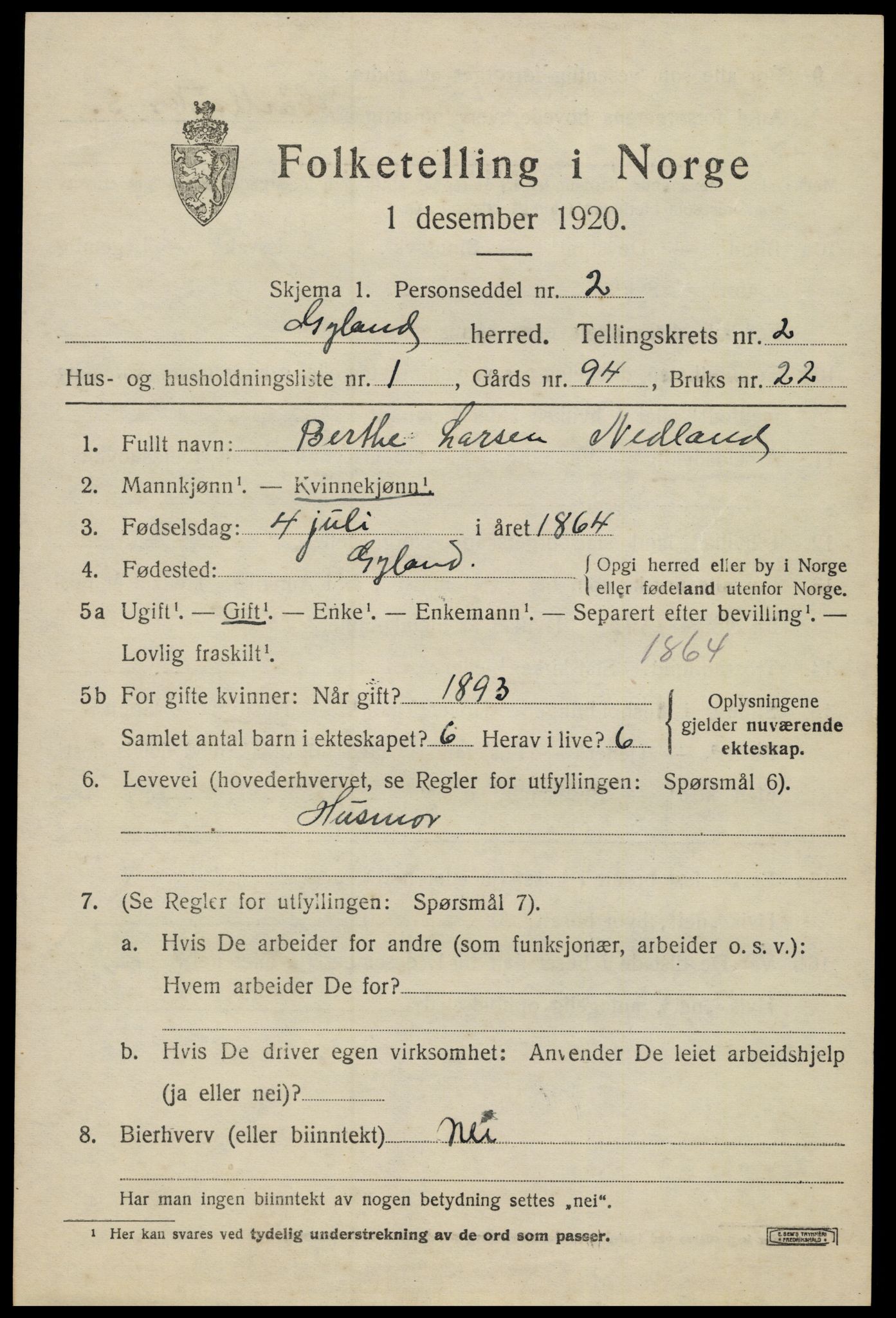 SAK, 1920 census for Gyland, 1920, p. 724