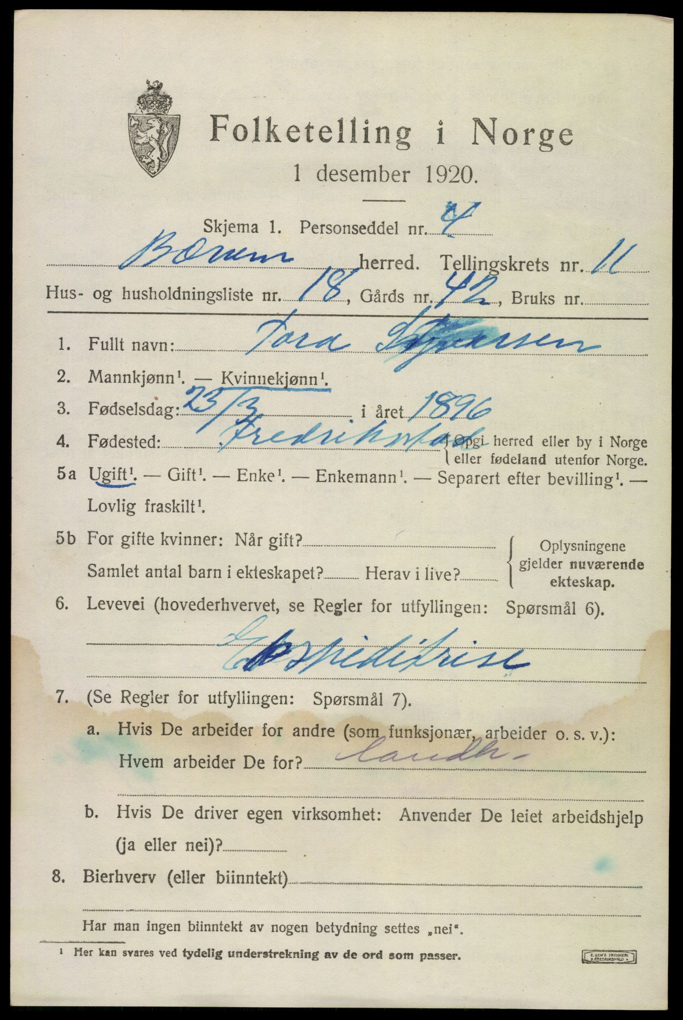 SAO, 1920 census for Bærum, 1920, p. 25416