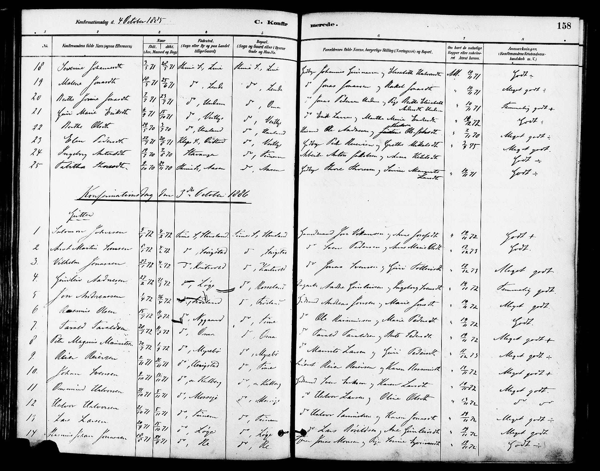 Lye sokneprestkontor, SAST/A-101794/001/30BA/L0009: Parish register (official) no. A 8, 1881-1892, p. 158