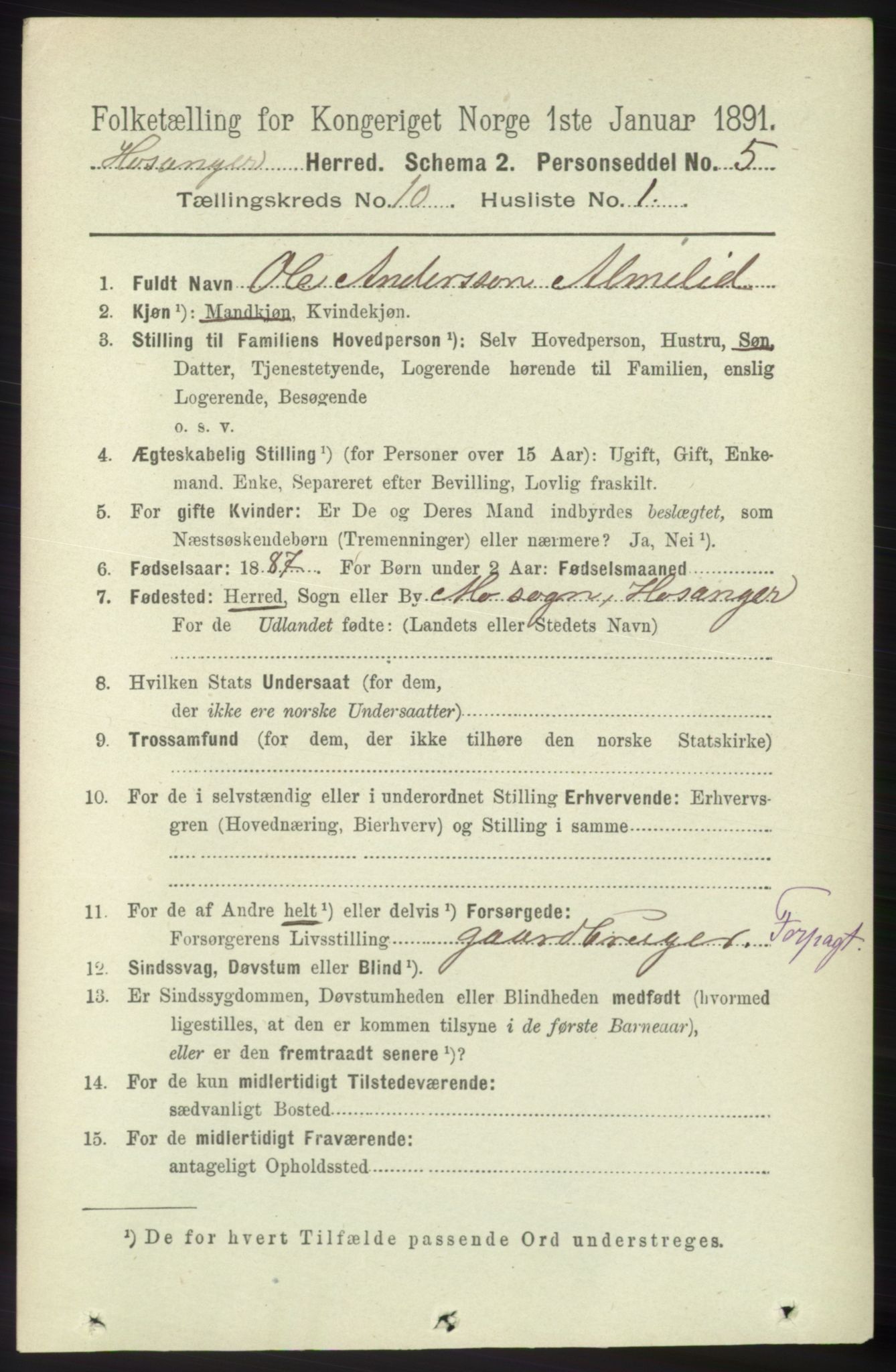 RA, 1891 census for 1253 Hosanger, 1891, p. 3462