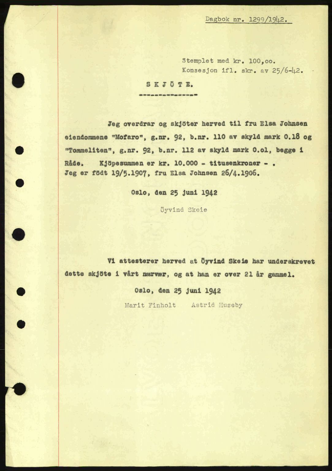 Moss sorenskriveri, SAO/A-10168: Mortgage book no. A9, 1941-1942, Diary no: : 1299/1942