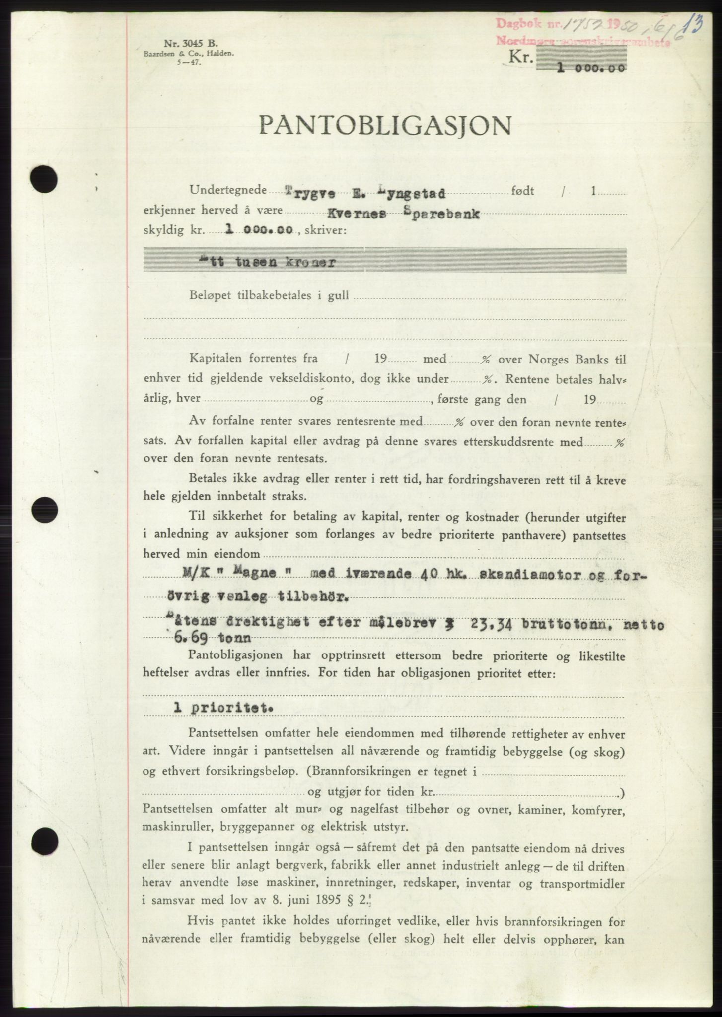 Nordmøre sorenskriveri, AV/SAT-A-4132/1/2/2Ca: Mortgage book no. B105, 1950-1950, Diary no: : 1757/1950