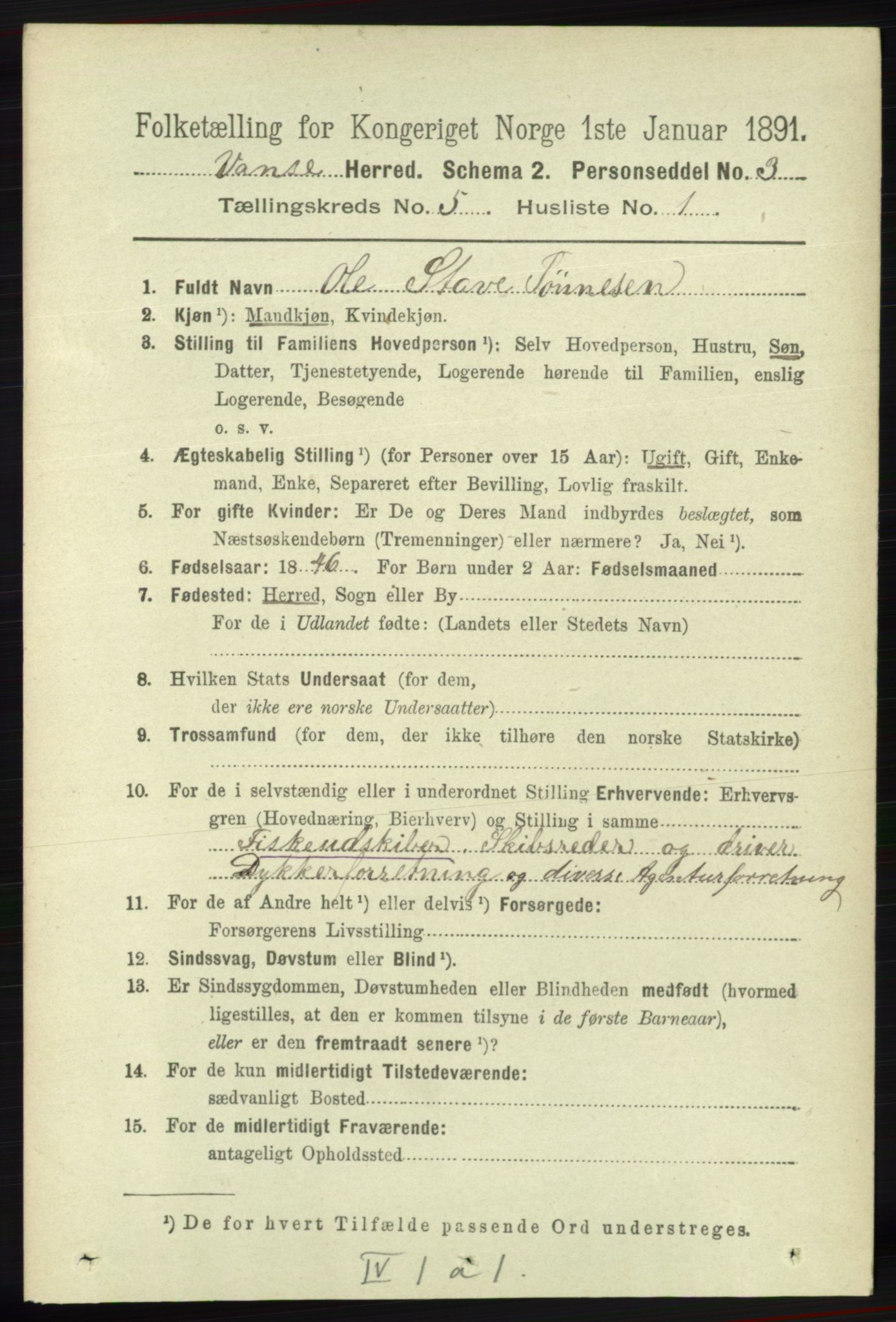 RA, 1891 census for 1041 Vanse, 1891, p. 2797