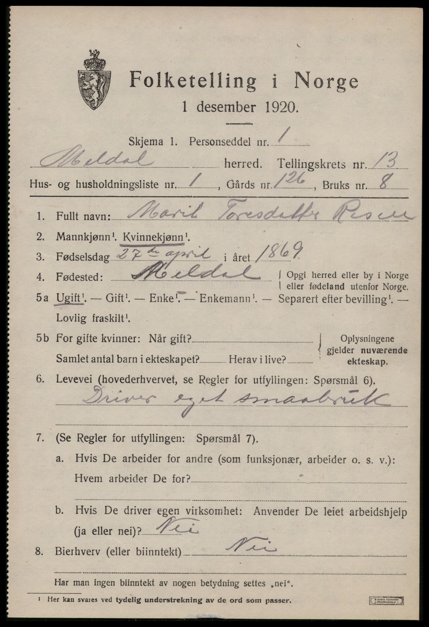 SAT, 1920 census for Meldal, 1920, p. 9469